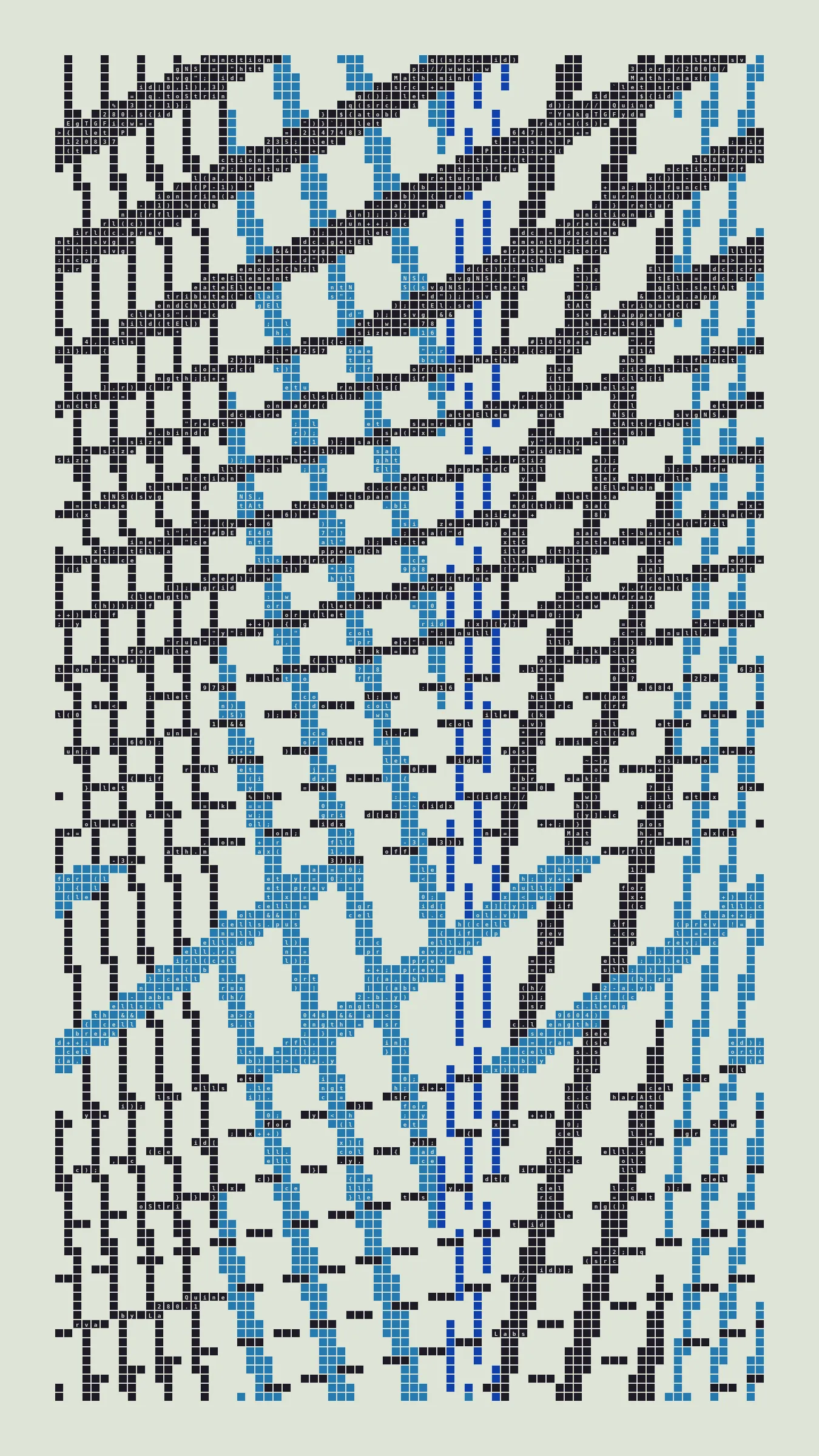 Quine is Larva Labs' contribution to the final Art Blocks Curated series, a project that underscores that all the works on the Art Blocks platform are generated directly from code with no artist supervision. Drawing from the computer science concept of a quine (a computer program that produces a copy of its own source code as its output), the work incorporates its own code into the visuals it creates.

Rather than hiding the generative process, Quine makes code alive as both medium and subject, creating a strange loop where the artwork contains the instructions for its own existence. This is closely analogous to how biological life reproduces itself: the DNA in the living cell is a type of "program" that can produce all the mechanisms of life, one of which is making a reproduction of itself upon cell reproduction. Each Quine functions simultaneously as executable code (the DNA) and typographic composition (the cell). While some are "Perfect-Quines" that reproduce themselves exactly, others cycle through multiple generations – its "quintity"– before returning to its origin state.

As opposed to creating the artwork directly, the main generator constructs a much smaller, specialized program that produces the visual output, including a layout of its own source code into the work, as well as the mechanism to reproduce itself. In this way, Quines are both program listings and artworks.