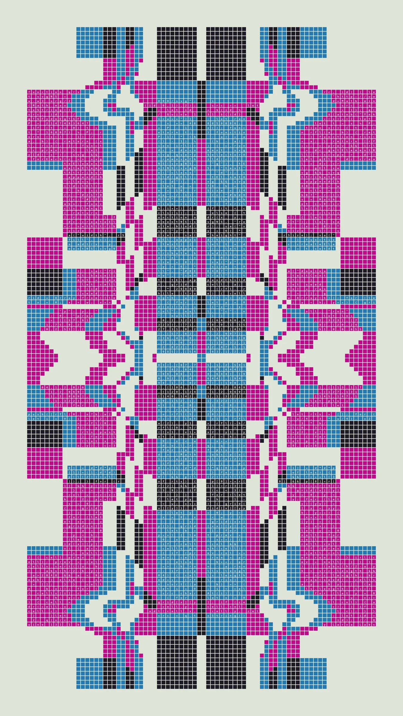 Quine is Larva Labs' contribution to the final Art Blocks Curated series, a project that underscores that all the works on the Art Blocks platform are generated directly from code with no artist supervision. Drawing from the computer science concept of a quine (a computer program that produces a copy of its own source code as its output), the work incorporates its own code into the visuals it creates.

Rather than hiding the generative process, Quine makes code alive as both medium and subject, creating a strange loop where the artwork contains the instructions for its own existence. This is closely analogous to how biological life reproduces itself: the DNA in the living cell is a type of "program" that can produce all the mechanisms of life, one of which is making a reproduction of itself upon cell reproduction. Each Quine functions simultaneously as executable code (the DNA) and typographic composition (the cell). While some are "Perfect-Quines" that reproduce themselves exactly, others cycle through multiple generations – its "quintity"– before returning to its origin state.

As opposed to creating the artwork directly, the main generator constructs a much smaller, specialized program that produces the visual output, including a layout of its own source code into the work, as well as the mechanism to reproduce itself. In this way, Quines are both program listings and artworks.
