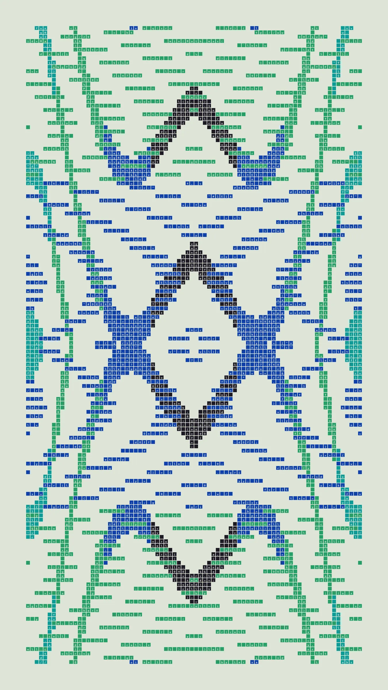 Quine is Larva Labs' contribution to the final Art Blocks Curated series, a project that underscores that all the works on the Art Blocks platform are generated directly from code with no artist supervision. Drawing from the computer science concept of a quine (a computer program that produces a copy of its own source code as its output), the work incorporates its own code into the visuals it creates.

Rather than hiding the generative process, Quine makes code alive as both medium and subject, creating a strange loop where the artwork contains the instructions for its own existence. This is closely analogous to how biological life reproduces itself: the DNA in the living cell is a type of "program" that can produce all the mechanisms of life, one of which is making a reproduction of itself upon cell reproduction. Each Quine functions simultaneously as executable code (the DNA) and typographic composition (the cell). While some are "Perfect-Quines" that reproduce themselves exactly, others cycle through multiple generations – its "quintity"– before returning to its origin state.

As opposed to creating the artwork directly, the main generator constructs a much smaller, specialized program that produces the visual output, including a layout of its own source code into the work, as well as the mechanism to reproduce itself. In this way, Quines are both program listings and artworks.