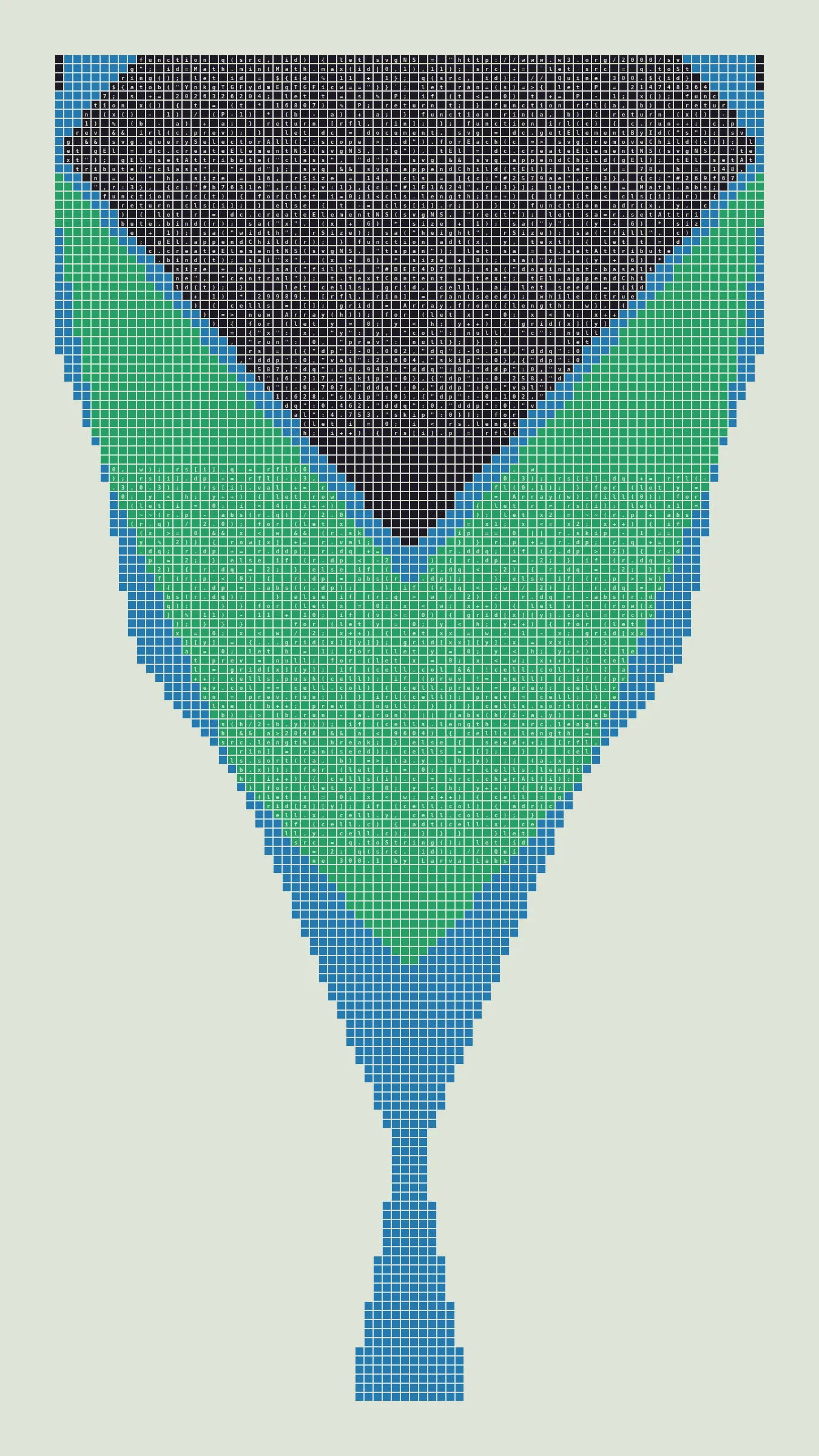 Quine is Larva Labs' contribution to the final Art Blocks Curated series, a project that underscores that all the works on the Art Blocks platform are generated directly from code with no artist supervision. Drawing from the computer science concept of a quine (a computer program that produces a copy of its own source code as its output), the work incorporates its own code into the visuals it creates.

Rather than hiding the generative process, Quine makes code alive as both medium and subject, creating a strange loop where the artwork contains the instructions for its own existence. This is closely analogous to how biological life reproduces itself: the DNA in the living cell is a type of "program" that can produce all the mechanisms of life, one of which is making a reproduction of itself upon cell reproduction. Each Quine functions simultaneously as executable code (the DNA) and typographic composition (the cell). While some are "Perfect-Quines" that reproduce themselves exactly, others cycle through multiple generations – its "quintity"– before returning to its origin state.

As opposed to creating the artwork directly, the main generator constructs a much smaller, specialized program that produces the visual output, including a layout of its own source code into the work, as well as the mechanism to reproduce itself. In this way, Quines are both program listings and artworks.