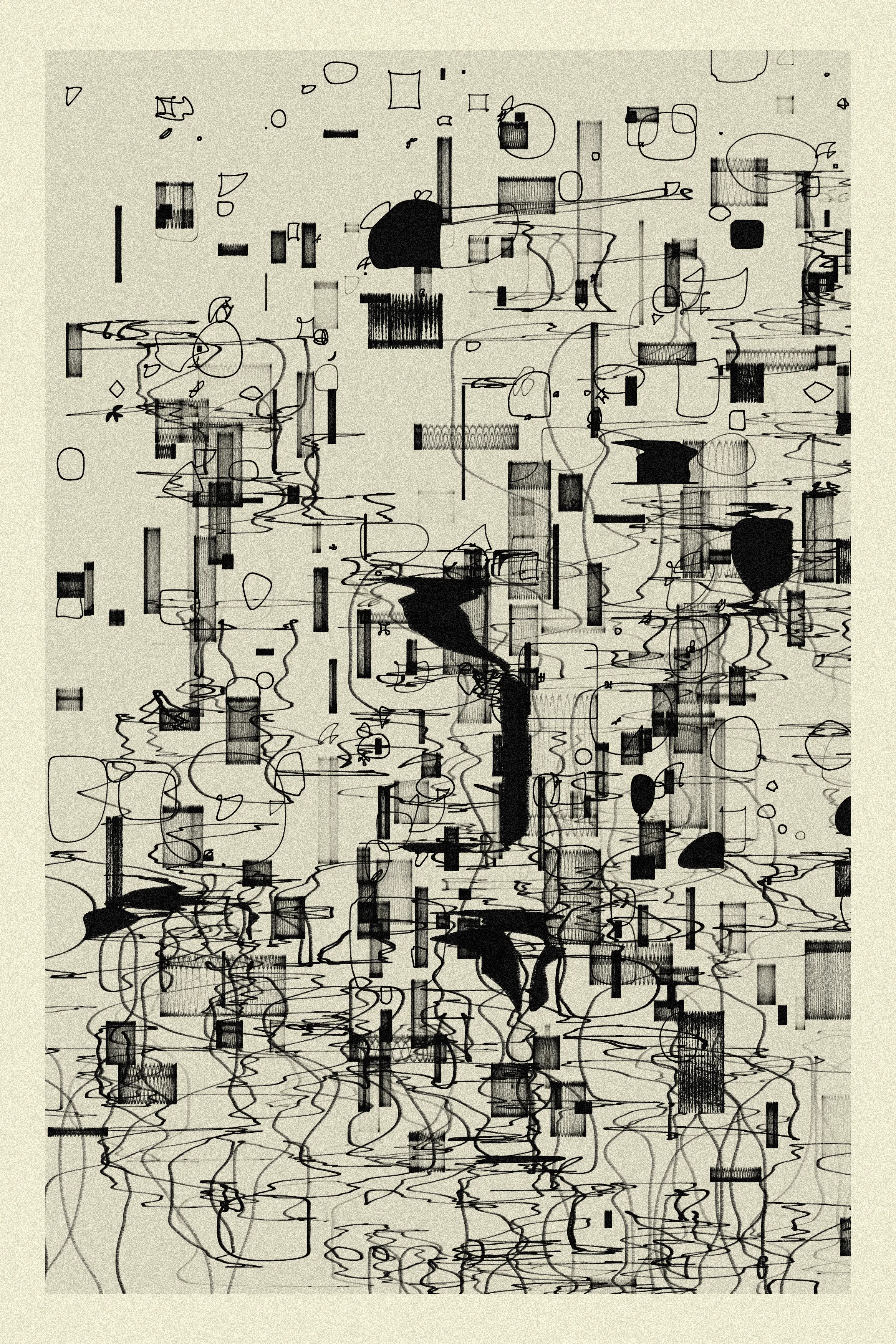 INK speaks to the bold insistence on leaving a trace, a mark that knows it will fade, yet persists. A poetic contradiction lies in each stroke: the pursuit of permanence in a world destined to vanish.

Whether in blue or black, in pencil or rust, each line reflects fragments of human experience – perhaps  figures, animals, or letters – yet none of it is real; it is only experiences, biases, dreams, and demons. Rather than rely on the slow decay of ink, paper, or perhaps one day pixels, we lean on what is within our control: memory, boundless, infinite, and ours alone.

In this quiet persistence, we find our redemption—an echo of those who remain and those who have already gone. INK is a profoundly personal project. As Velitchkova says "Life doesn’t give us what we desire without first demanding something in return". INK is Velitchkova's answer to a year filled with hard lessons, hopes, and losses. Built upon these experiences, each line structure tells its own story, echoing to a song by Travis—a band that knows the artist's steps better than most.

This series traces the history of inks through algorithmic iterations. Each one is reimagined as both a medium and metaphor. Iron gall ink, used in medieval Europe, ironically corroded the manuscripts it aimed to preserve. Blue ink, made practical by the 20th-century ballpoint, serves the demands of modern life. Black ink, from ancient Egypt and China, symbolizes permanence in official records and last words. White ink, an accent in manuscripts and art, was never meant for the mundane. It exists to illuminate, to contrast, used sparingly for highlights on dark surfaces.

INK draws from the simplicity of Picasso’s single-line figures, Chillida’s sculptural weight, Kline’s expressive brushwork, and Basquiat’s chaotic yet precise gestures. Yet it seeks neither homage nor critique, it merely stands as a mirror, reflecting our insistent need to matter. 
