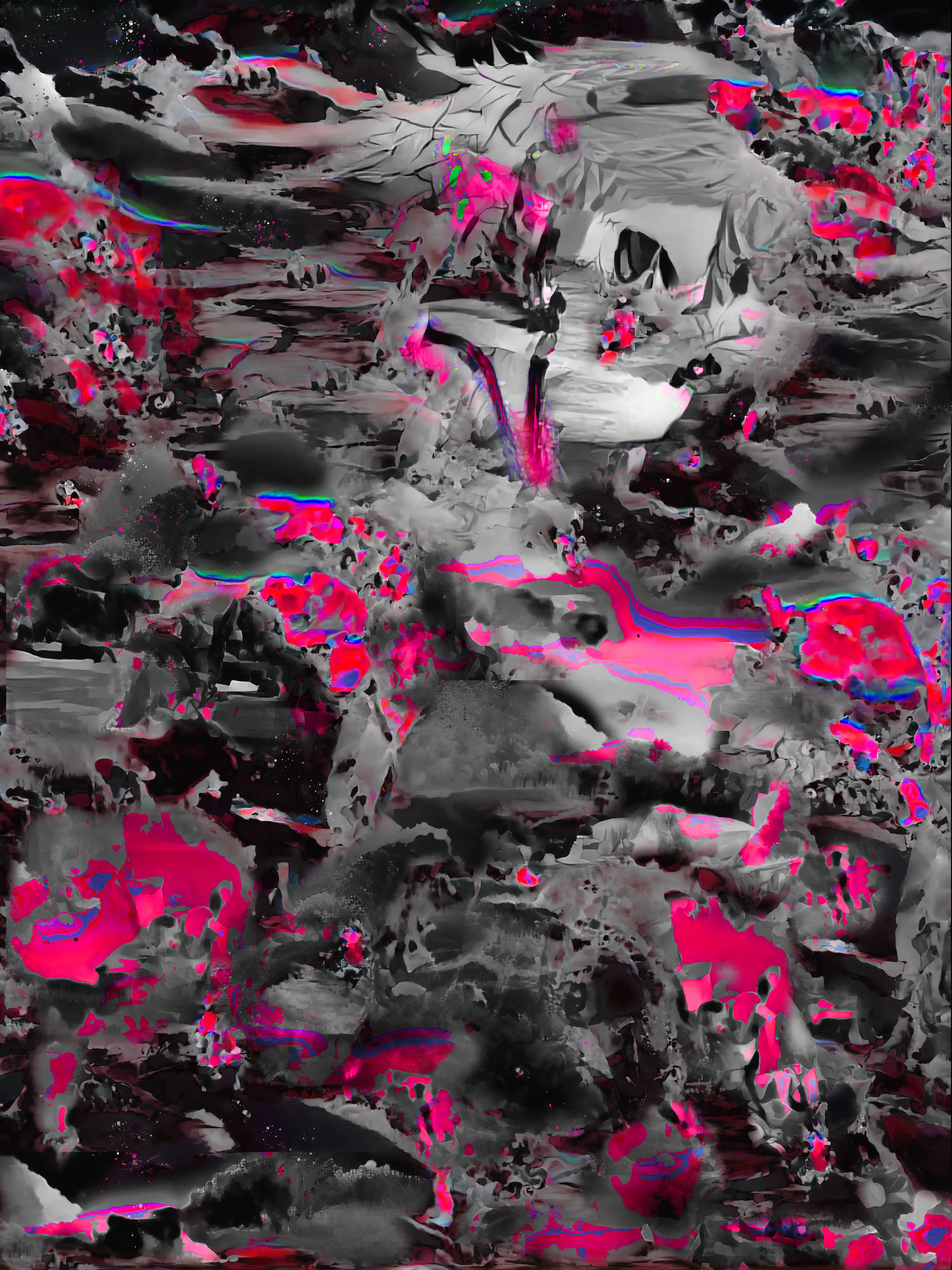 Genesis piece on KO. Digital character passed through multiple neural networks to create a new character, then bred with my previous generated artworks. Digital painting. 4800 × 6400

Computer-mediated identity isn't trustworthy. But human identity isn't fixed. A splintered self is normal. I pass synthetic characters through neural nets to create new splintered identities.