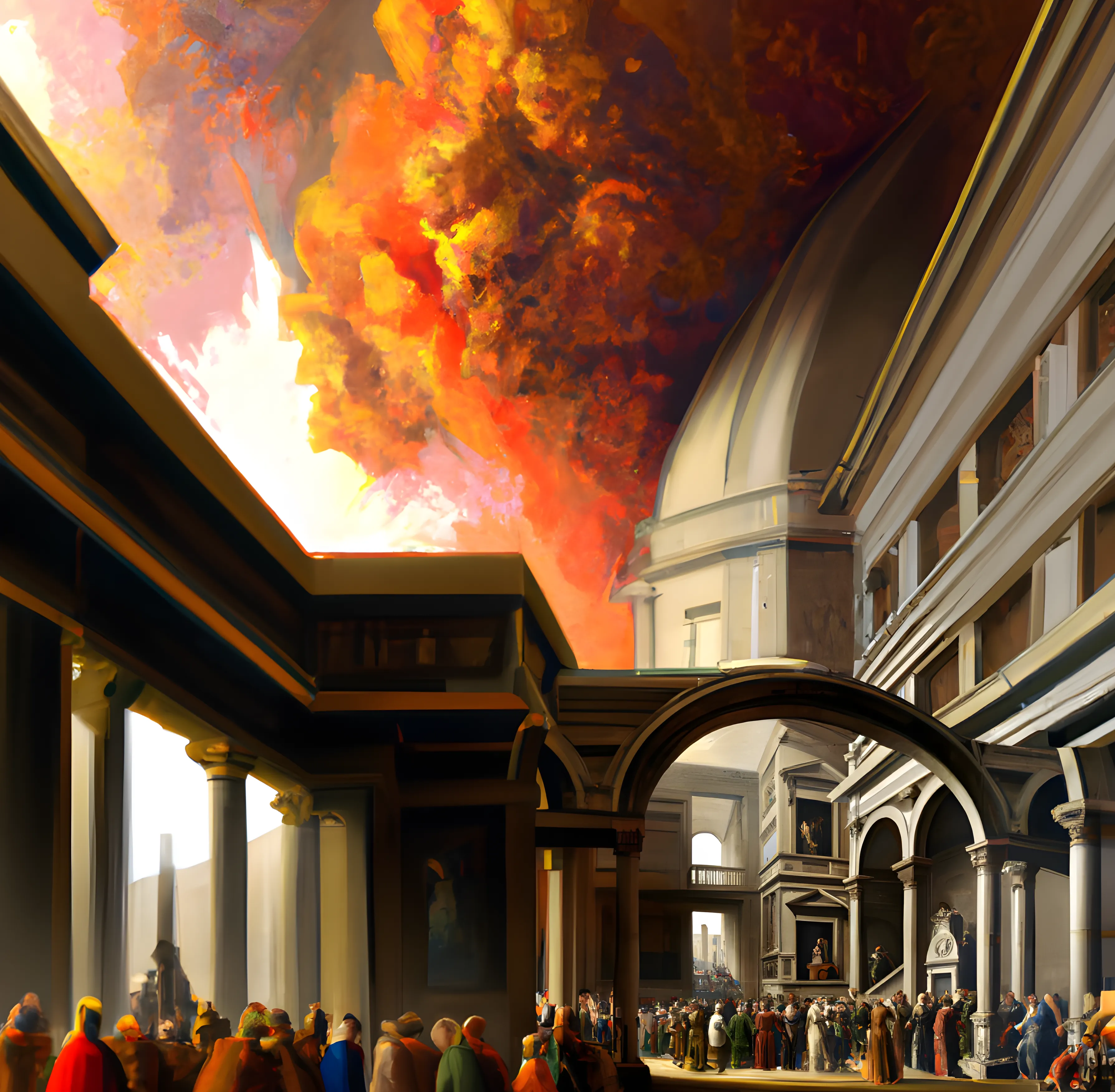 This piece represents a calm crowd, peacefully enjoying their time, not paying attention to the violent fire slowly consuming the parliament. This is a parallel for the climate change crisis where millions of people are totally impervious to the consequences of their everyday actions.  
I was inspired by Italian masters to make this piece as I love the dichotomy between the Renaissance style in this piece and the use of artificial intelligence to create it. Old made with the New.