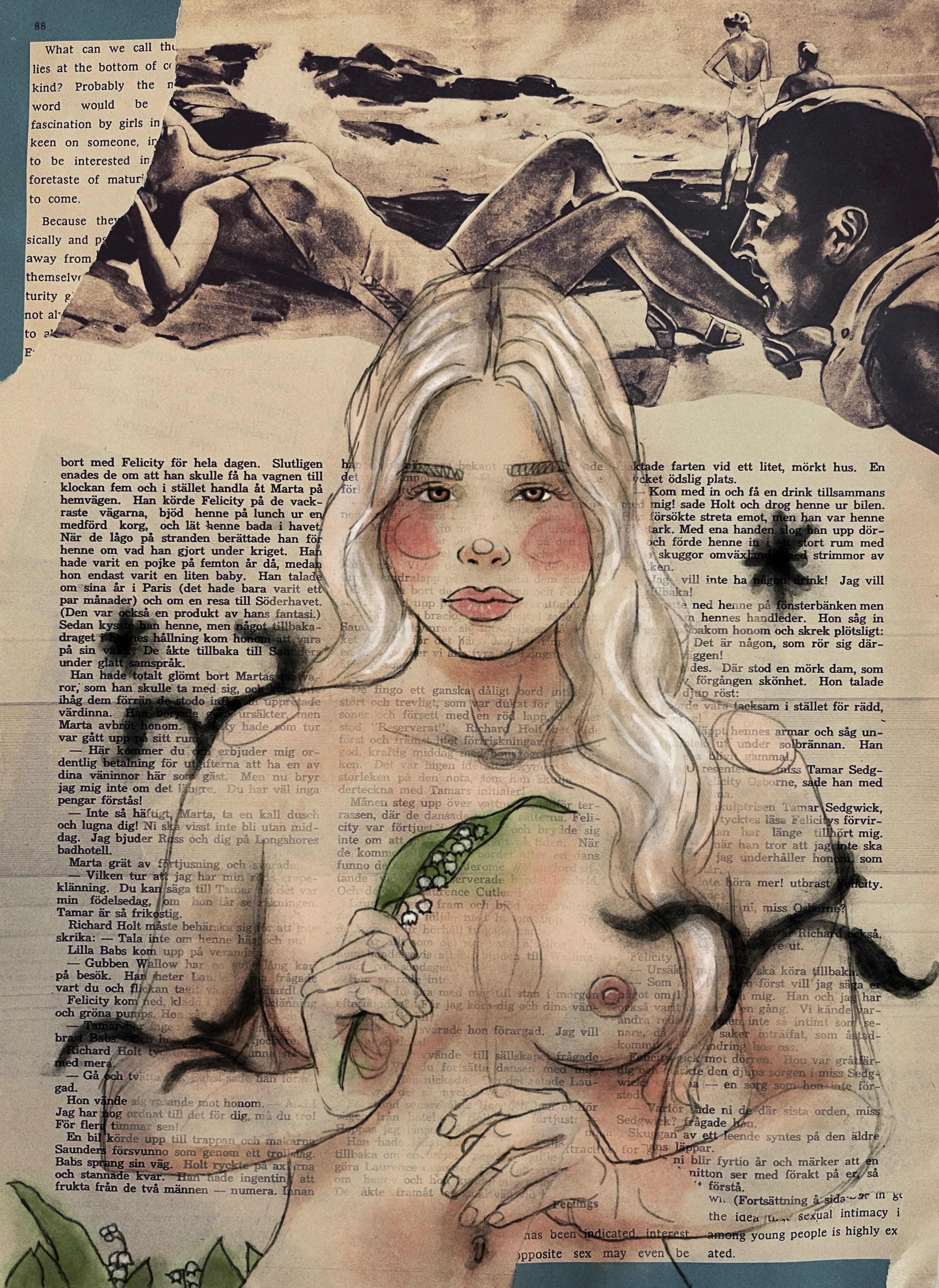 The series was inspired by nature and classic Nordic illustration - one of those being Elsa Beskows flower characters from the early 1900s.

Inspiration from 1900-1920 (theme), 1970-1980 (comic books) , 1920-1950 (pages) and the girls themselves are influenced by our modern beauty standards and classic pinups.

Vintage magazine pages, markers, ink, pencil, watercolor, gouache.
All the final girls are scanned and edited using Photoshop.

Read more on my website https://lisafogarty.se/flowers 

Lily of the Valley
Size  2772 × 3804