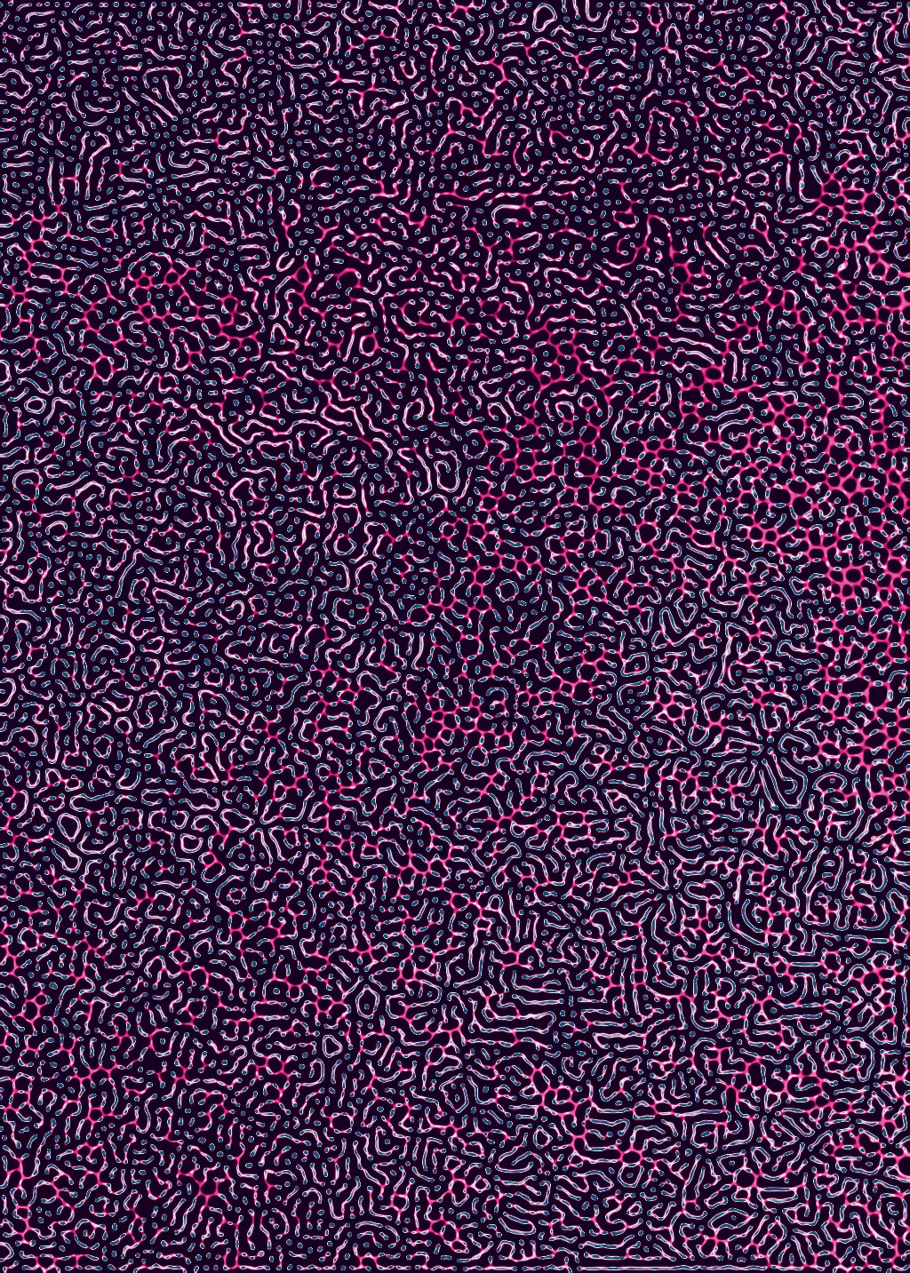 How does one entity mix with another? Colonies is a series born of a study on reaction diffusion. Each piece is generated by evolving the Gray-Scott model using an array of variable parameters and different colour palettes.

Resolution: 1024x1433
Format: PNG