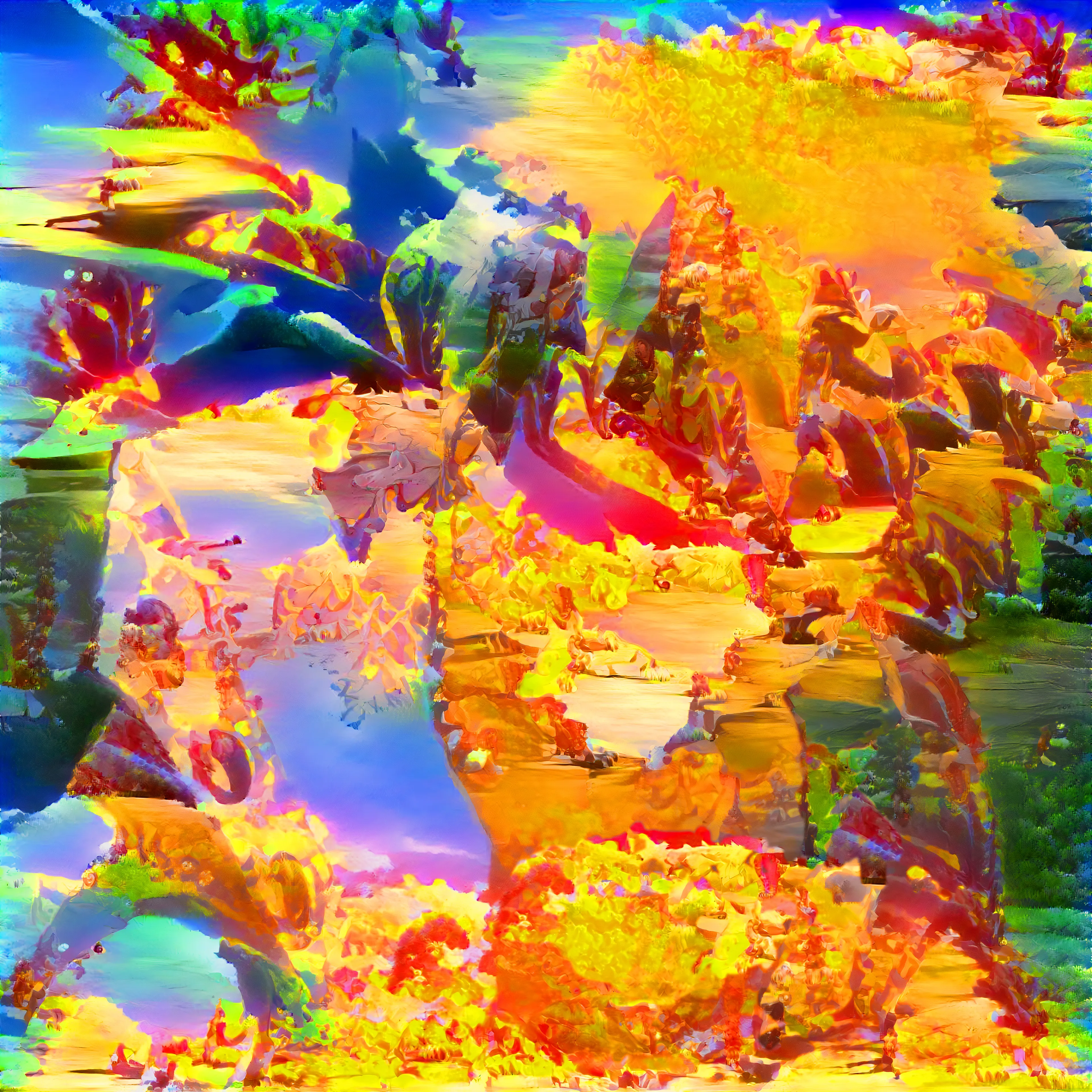 Synthetic character passed through AI to merge it into a separate synthetic scene. Then bred with itself. Digital painting. 5760 × 5760.