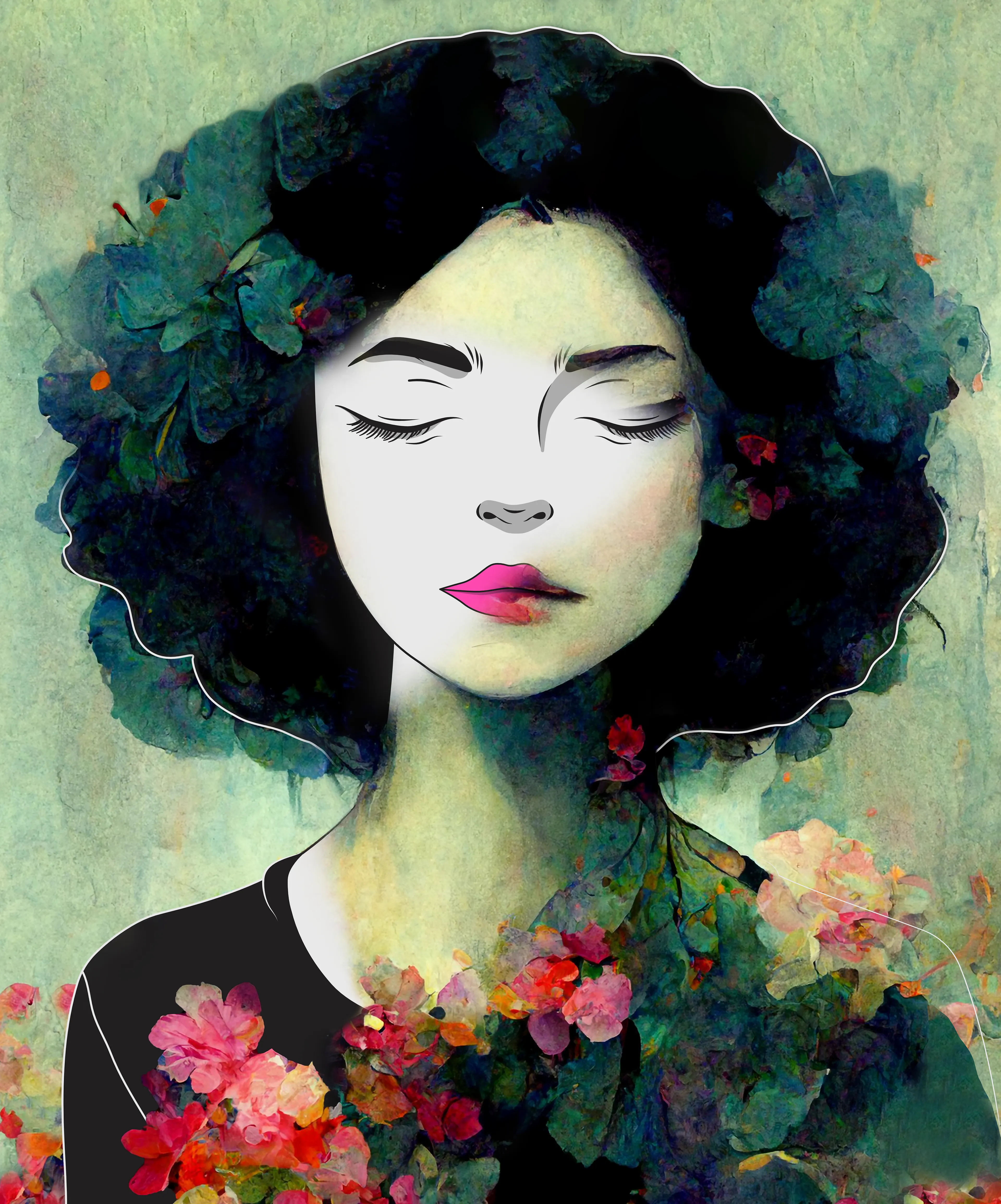 Digital painting by The Black Void - 2022

Made with Midjourney + Affinity Designer + Photoshop

4267 × 5129 px

Chloris is a character from Greek mythology, a nymph and goddess of spring, flowers and development (growth). Flowers to celebrate and dreamy closed eyes in view of future projects and achievements.

Made with a mix of different techniques (artificial intelligence and digital technique) it wants to be a celebration of a new era and a new path.

This work was done to celebrate reaching 10k followers on Twitter