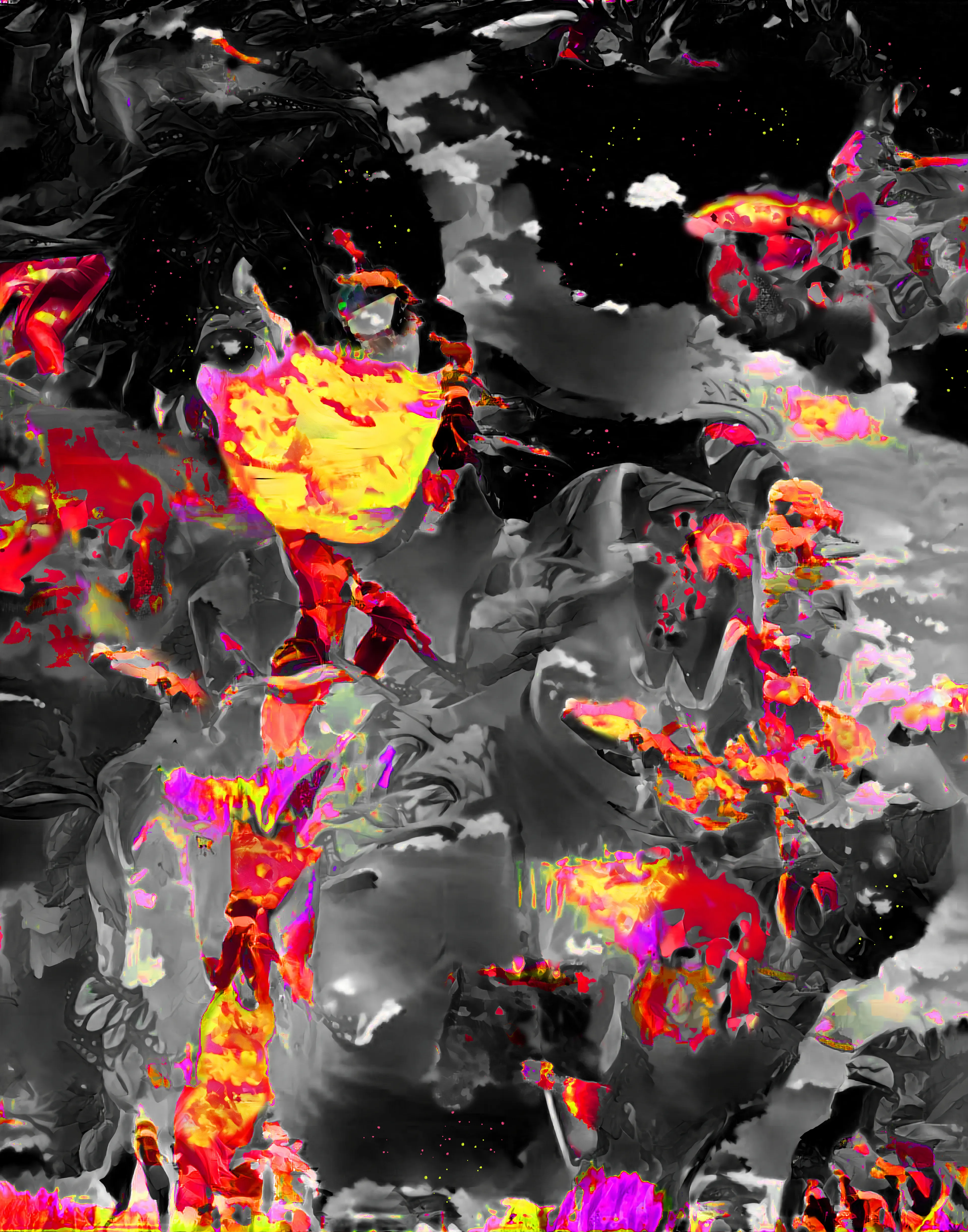 Digital character merged with a digital landscape by passing through neural networks. Cross-breeding with further images creates abstract forms as the character becomes absorbed by their surroundings. Digital painting. 5063 × 6444.

Computer-mediated identity is problematic. But human identity isn't fixed. A splintered self is to be expected. I pass synthetic characters through neural nets to turn figurative characters into abstract mutations.