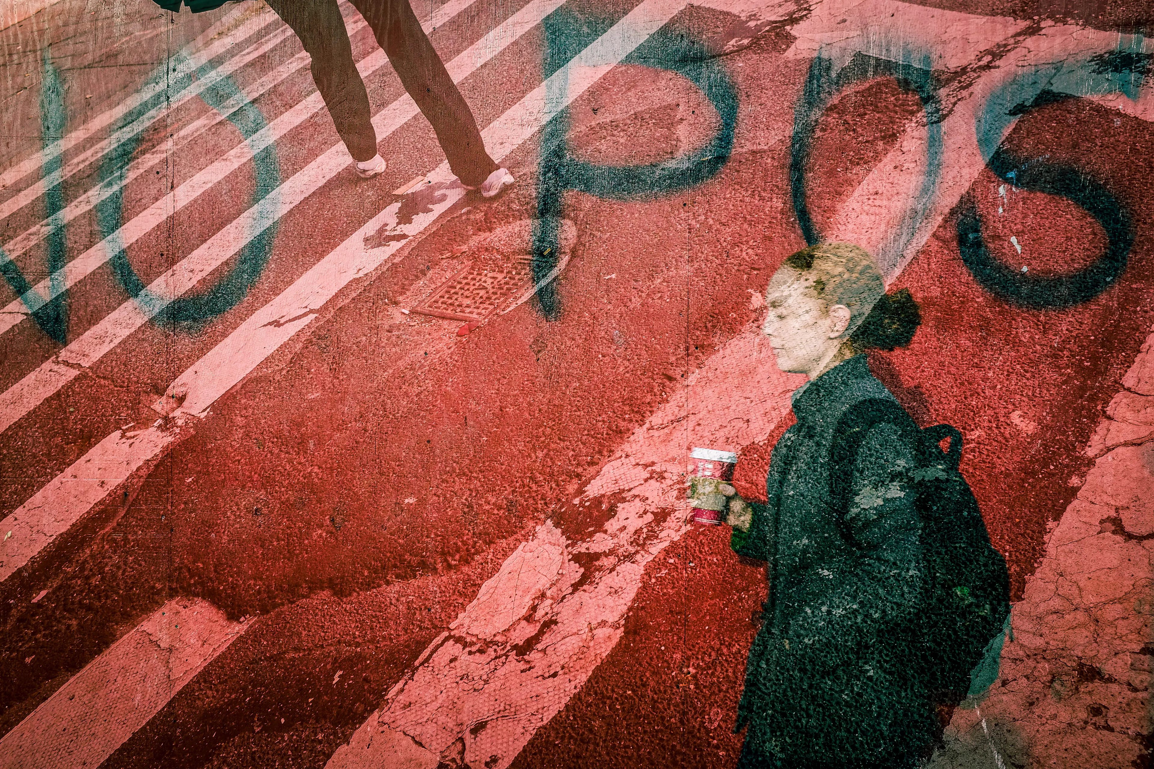 The City is engraved in its inhabitants, who in turn engrave themselves unto each other, not knowing how, when, or why. Identities disappear, dissipate and dilute into the roaring crowd. One question clouds my mind as I stand still observing through my camera’s big wide eye: Will it swallow me whole? Will we become one? One more tag on the wall? One more chewing gum on the ground, stepped on by the weight of the mass, becoming thus the texture of every day, of everyone? 