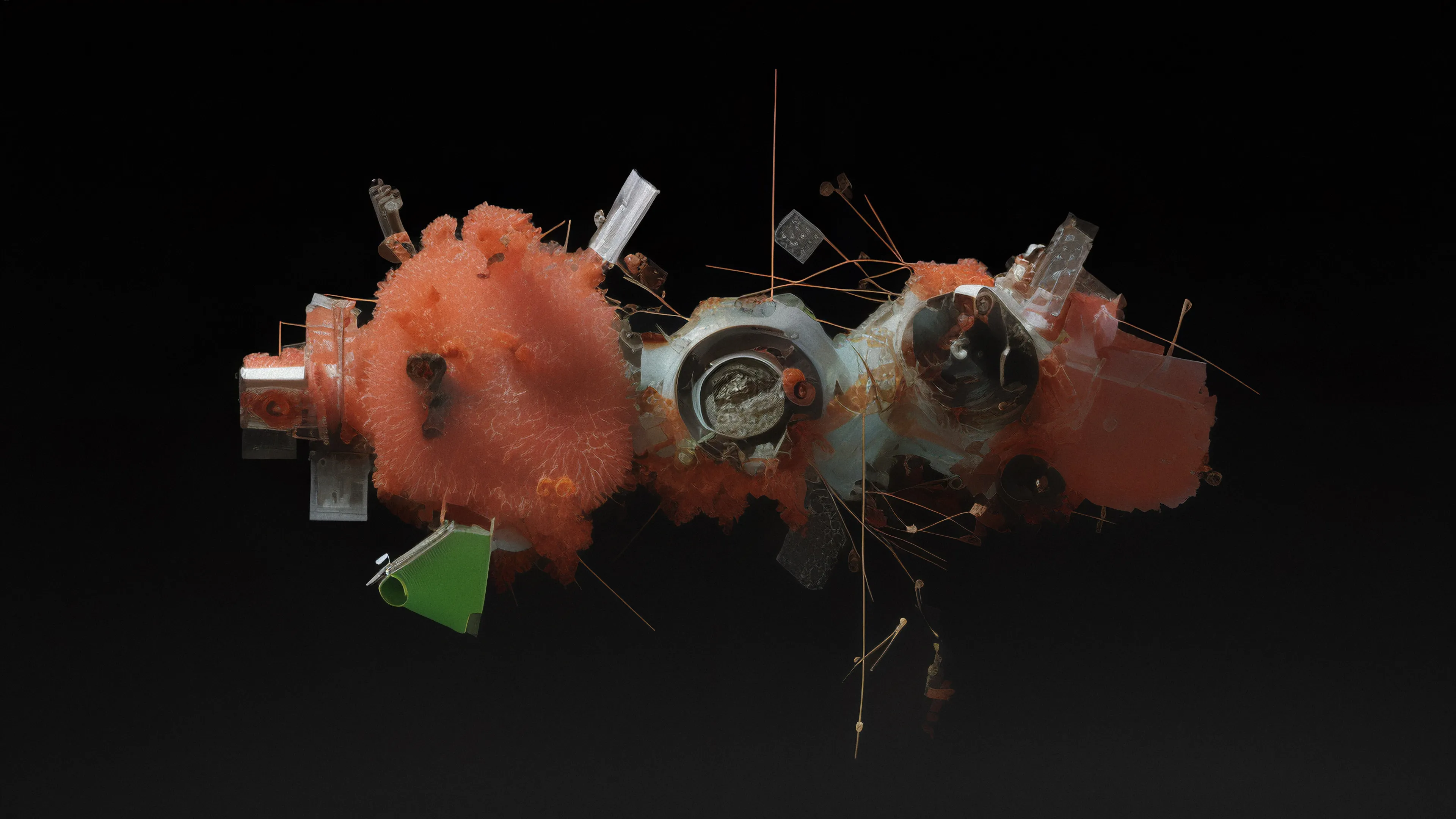 Through my fascination with systems gleaned from the natural world such as mycorrhizal networks, lichen and microscopic bacteria together with man-made objects such as communication satellites, consumer electronics and other ephemera, these are forms and objects created from the pre-existent and the never-was; to show the beauty that might arise when expanding the scope of our world view and to provoke and question what it means to be an artist in the age of Artificial Intelligence.