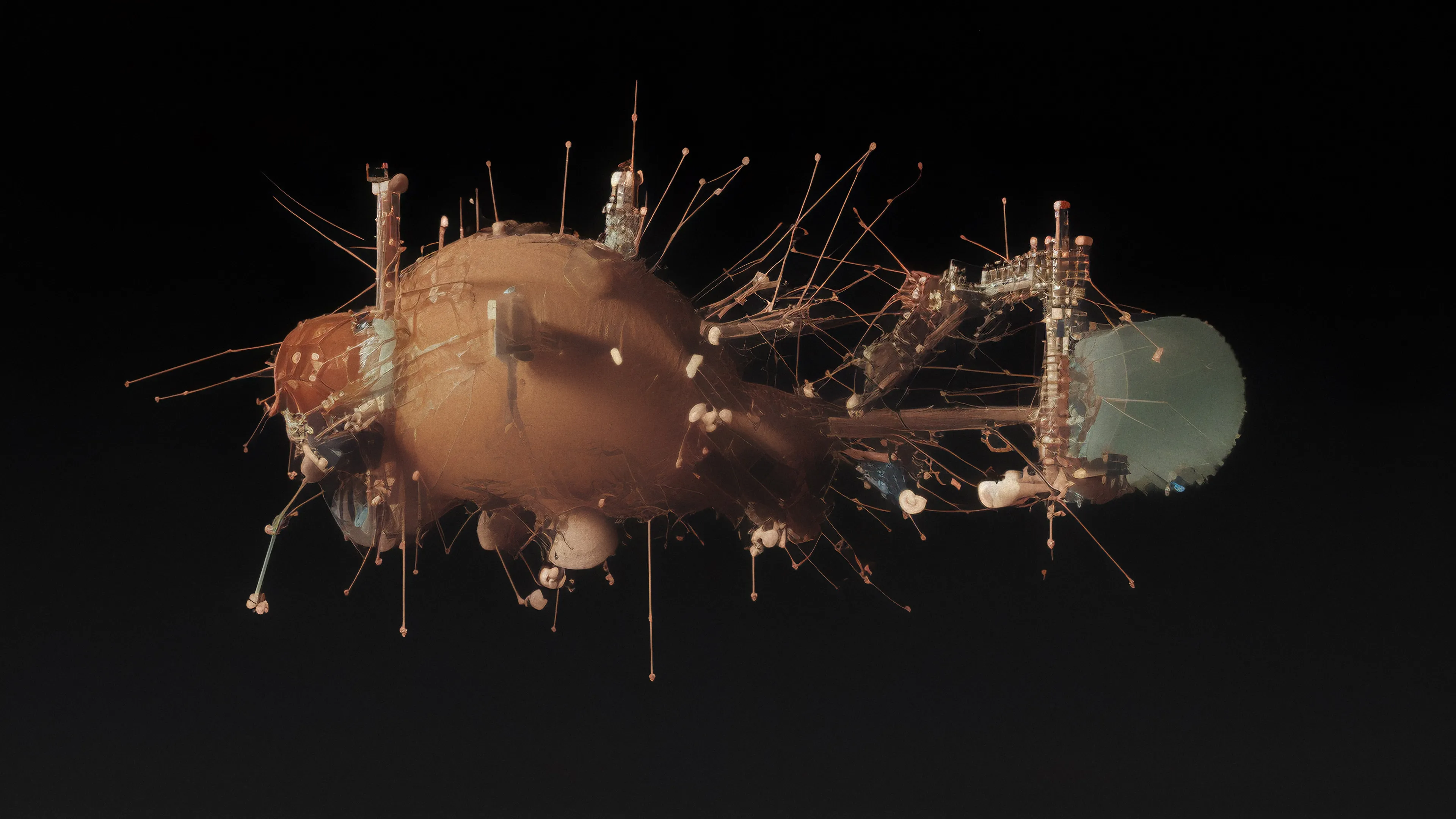 Through my fascination with systems gleaned from the natural world such as mycorrhizal networks, lichen and microscopic bacteria together with man-made objects such as communication satellites, consumer electronics and other ephemera, these are forms and objects created from the pre-existent and the never-was; to show the beauty that might arise when expanding the scope of our world view and to provoke and question what it means to be an artist in the age of Artificial Intelligence.