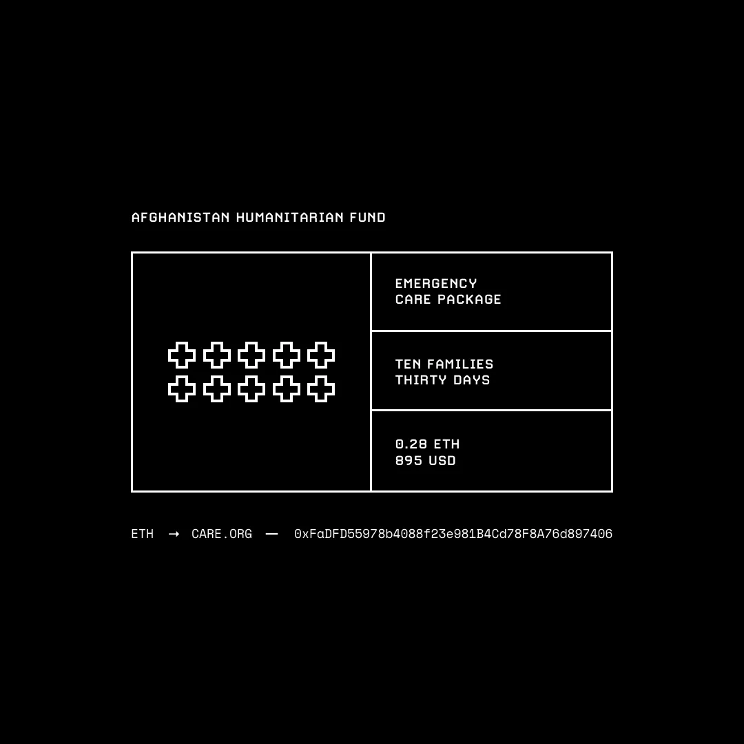 10 x care packages for the Afghanistan Humanitarian Fund.

Funds routed directly to care.org

0xFaDFD55978b4088f23e981B4Cd78F8A76d897406

