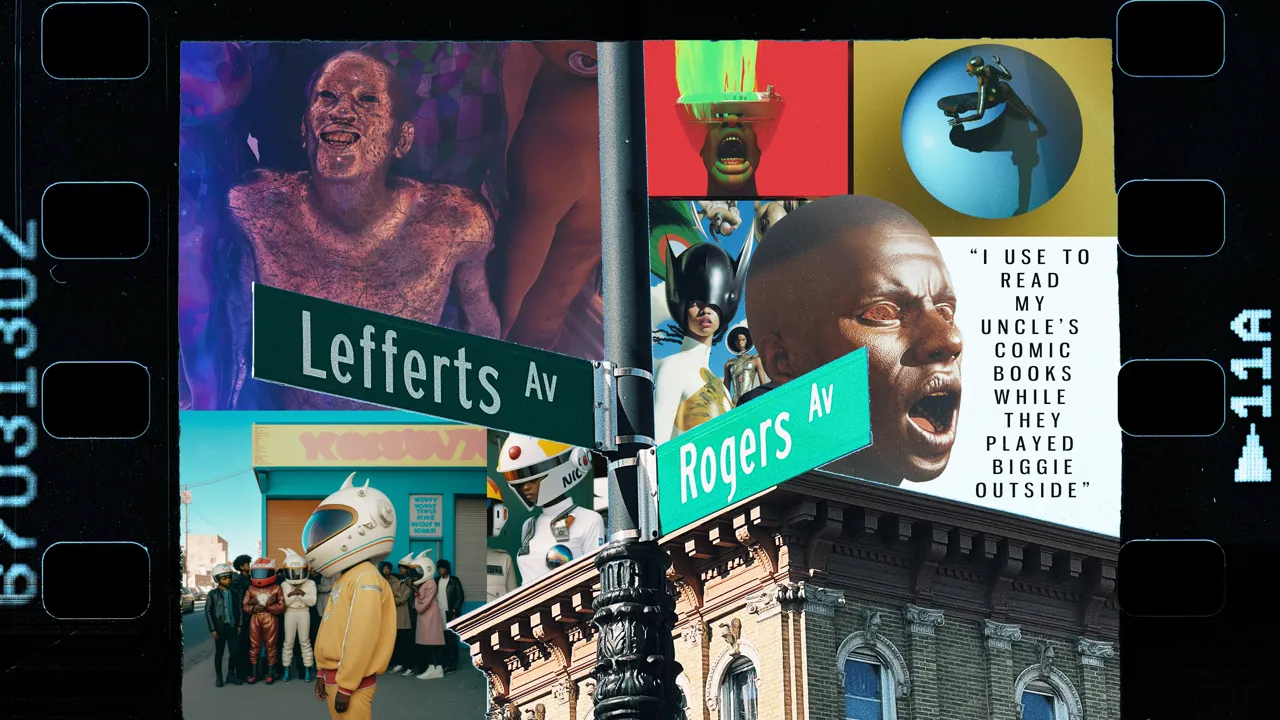 In Brooklyn, I grew up on Lefferts Ave between Rogers and Bedford. I lived with my Mother, Grandmother, and Uncle. My Uncle was an amazing artist and a huge comic book fan; he had stacks in his room. Whenever he would go out, I would go into his room and look at the pictures in the comic books. While I was looking, his window would be open, and the dudes on the block would be blasting Hip Hop and Dancehall music out of their cars which subtly provided ambiance to the images seeping into my imagination, eventually becoming my aesthetic. Celebrating Black History is honoring our personal History; we are the present continuing legacy, so I made this piece in honor of those moments on Lefferts and Rogers, where my Uncle's passion and the music of the block inspired me to embrace my creativity and cultural heritage.

Photography, and 3D art by yours truly.
AI Prompts written by yours truly. 