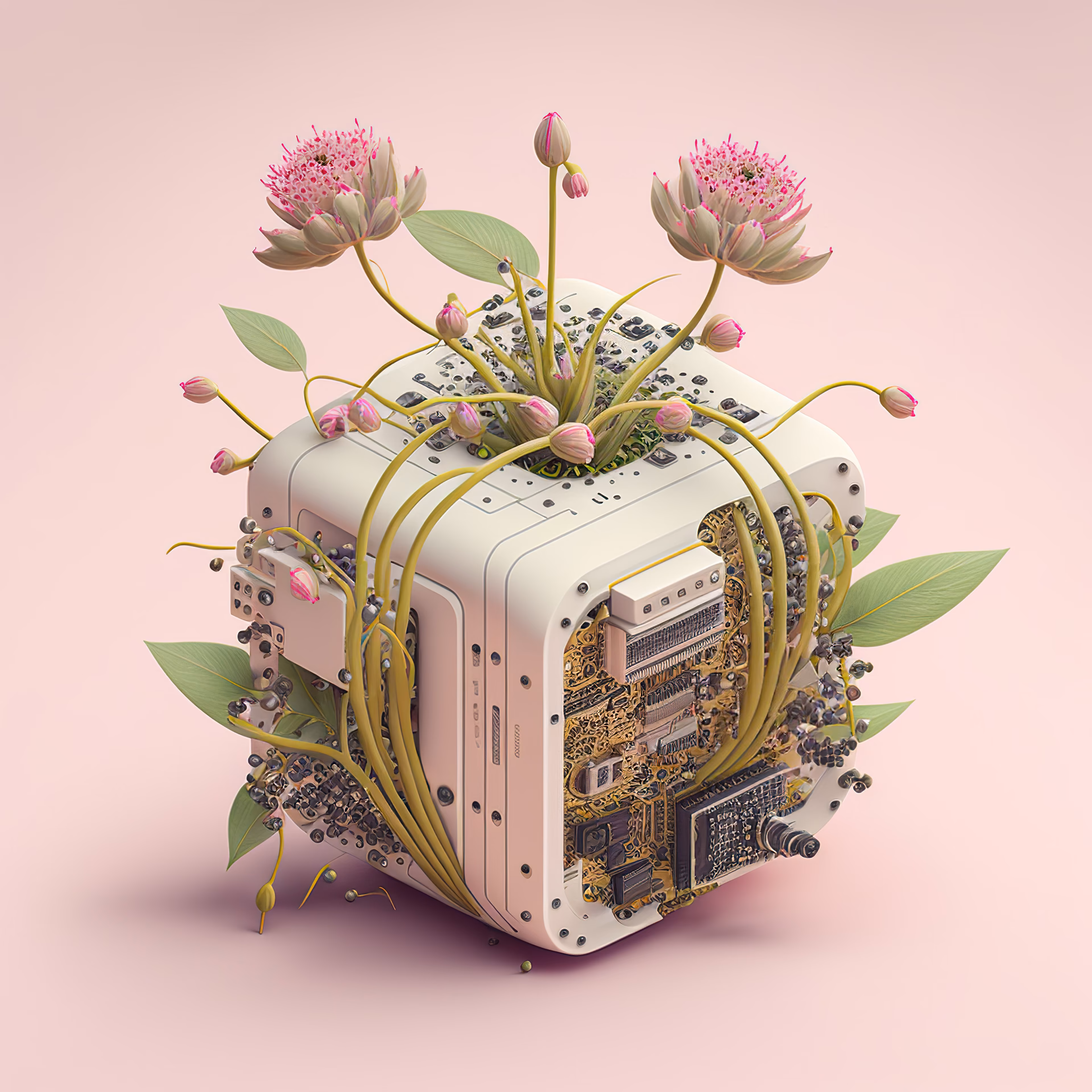 AI-generated microchip absorbed by irrepressible force of nature. Unique 1/1 of 100 chips collection. 2022 🌱