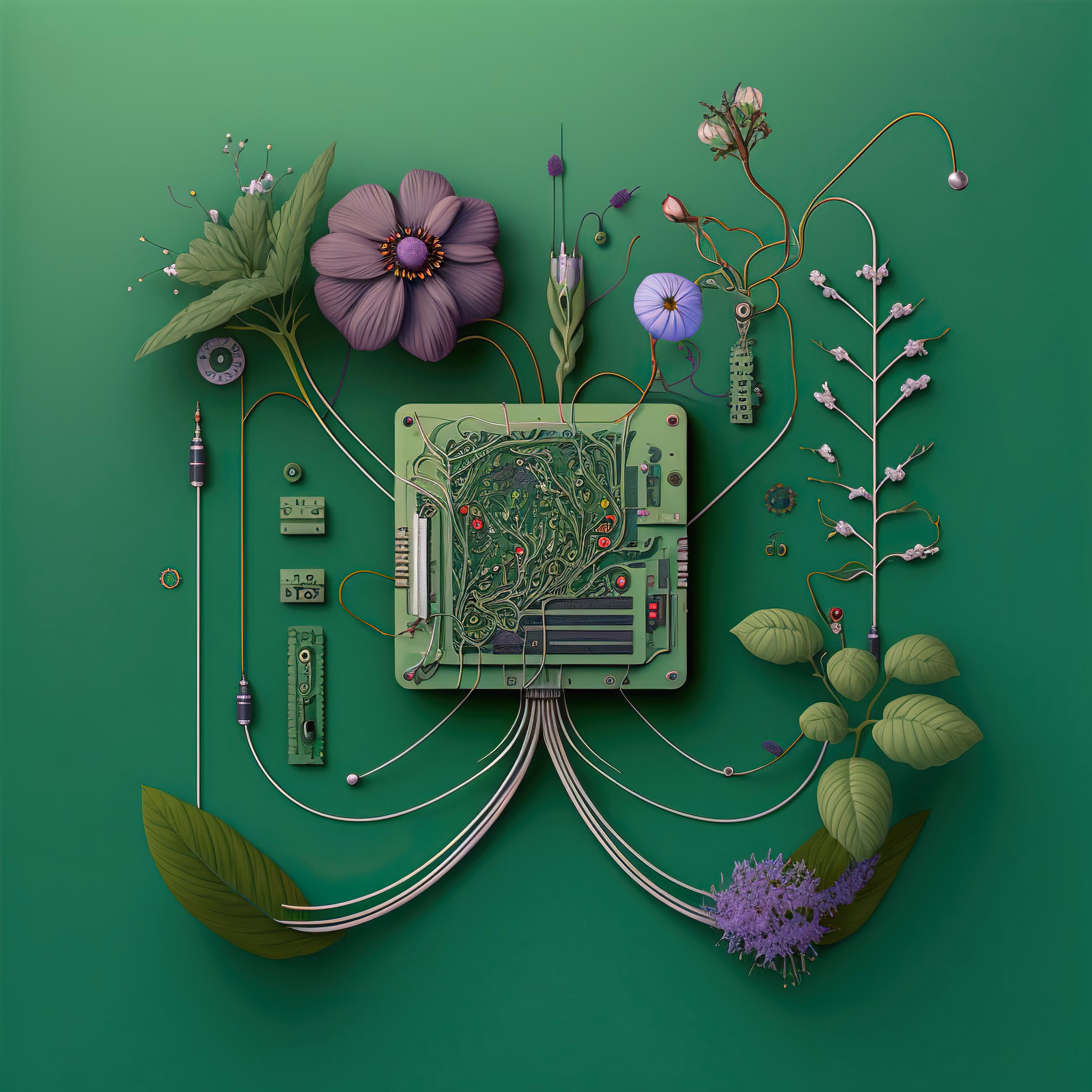 AI-generated microchip absorbed by irrepressible force of nature. Unique 1/1 of 100 chips collection. 2022 🌱