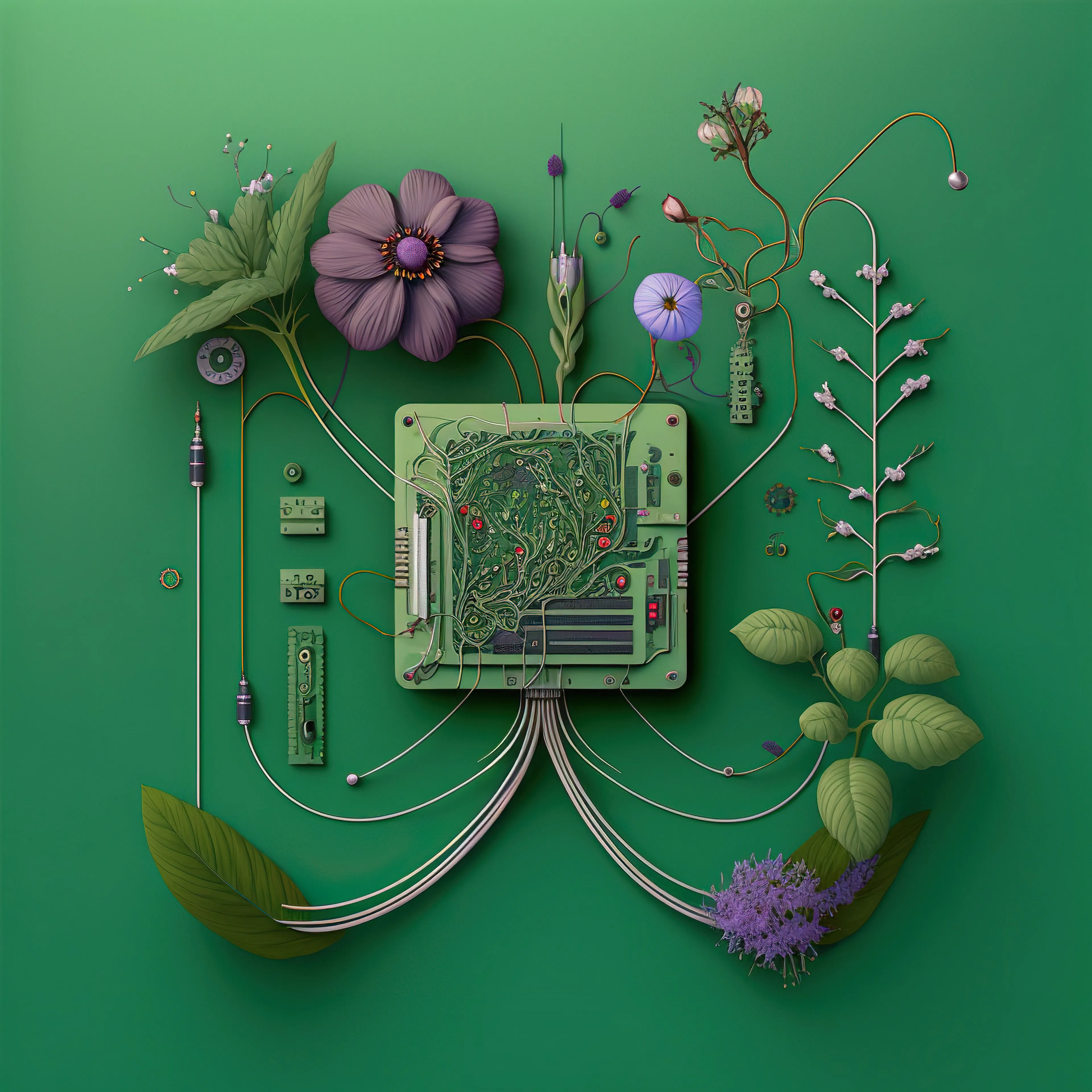 AI-generated microchip absorbed by irrepressible force of nature. Unique 1/1 of 100 chips collection. 2022 🌱