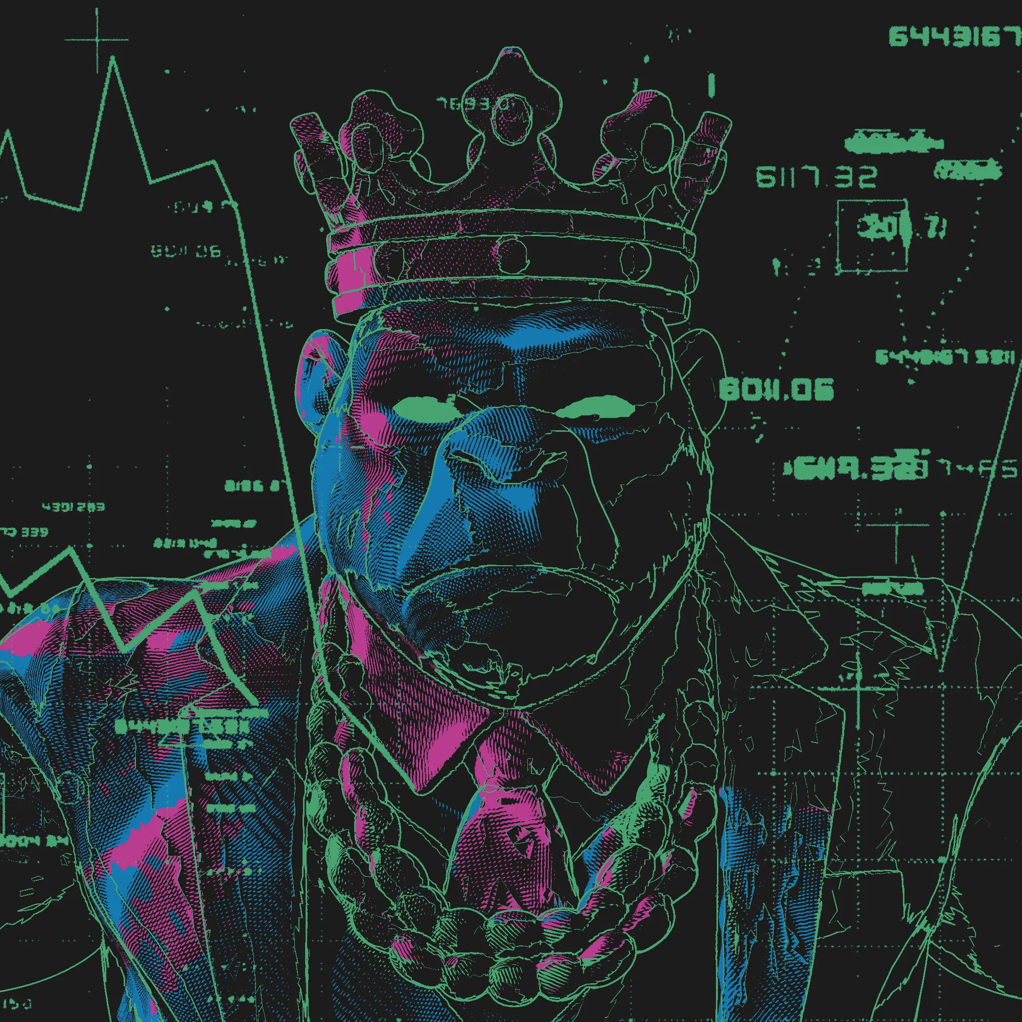 A crown of iron rests heavy on a brow carved by struggle, eyes glowing with the weight of command and silence deeper than the roar of battle. Chains of power hang upon broad shoulders dressed in the attire of civility, yet beneath the suit lies the beast of endurance and will unbroken. This figure is the throne embodied, neither kind nor cruel but resolute, a monument to authority born of conquest and the burden of dominion. In the draw it speaks of rule, legacy, and the trial of wielding strength with wisdom, warning that mastery over others begins with mastery over the self.
