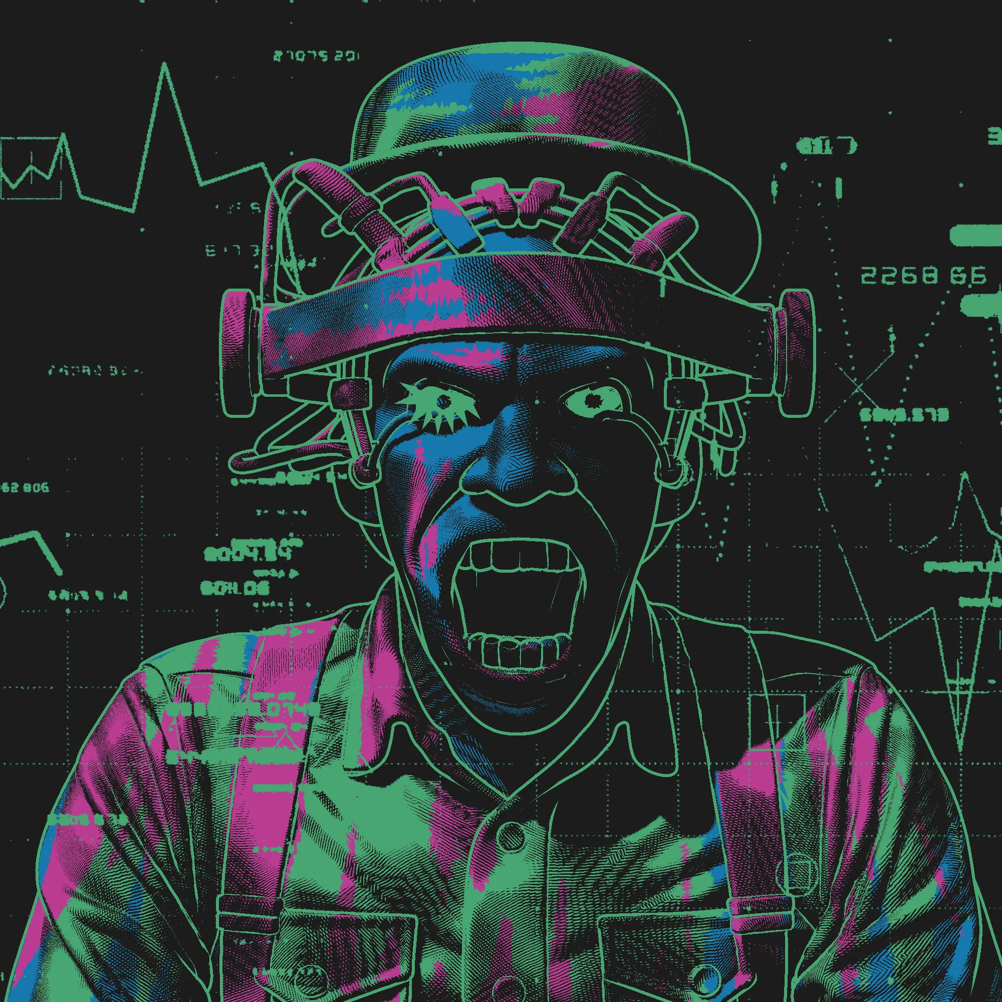 A scream splits the silence like steel against stone, eyes torn between shadow and burning light, a crown of iron shackles thought and bends it into strange visions. Cloth of labor clings to the frame, heavy with the weight of toil and forgotten hours, yet from the mouth pours the sound of rebellion that cracks the walls of confinement. This figure is both prisoner and prophet, bound by forces unseen yet capable of turning anguish into awakening, calling forth those who dare to listen to rise through torment and carve truth from the machinery of despair.
