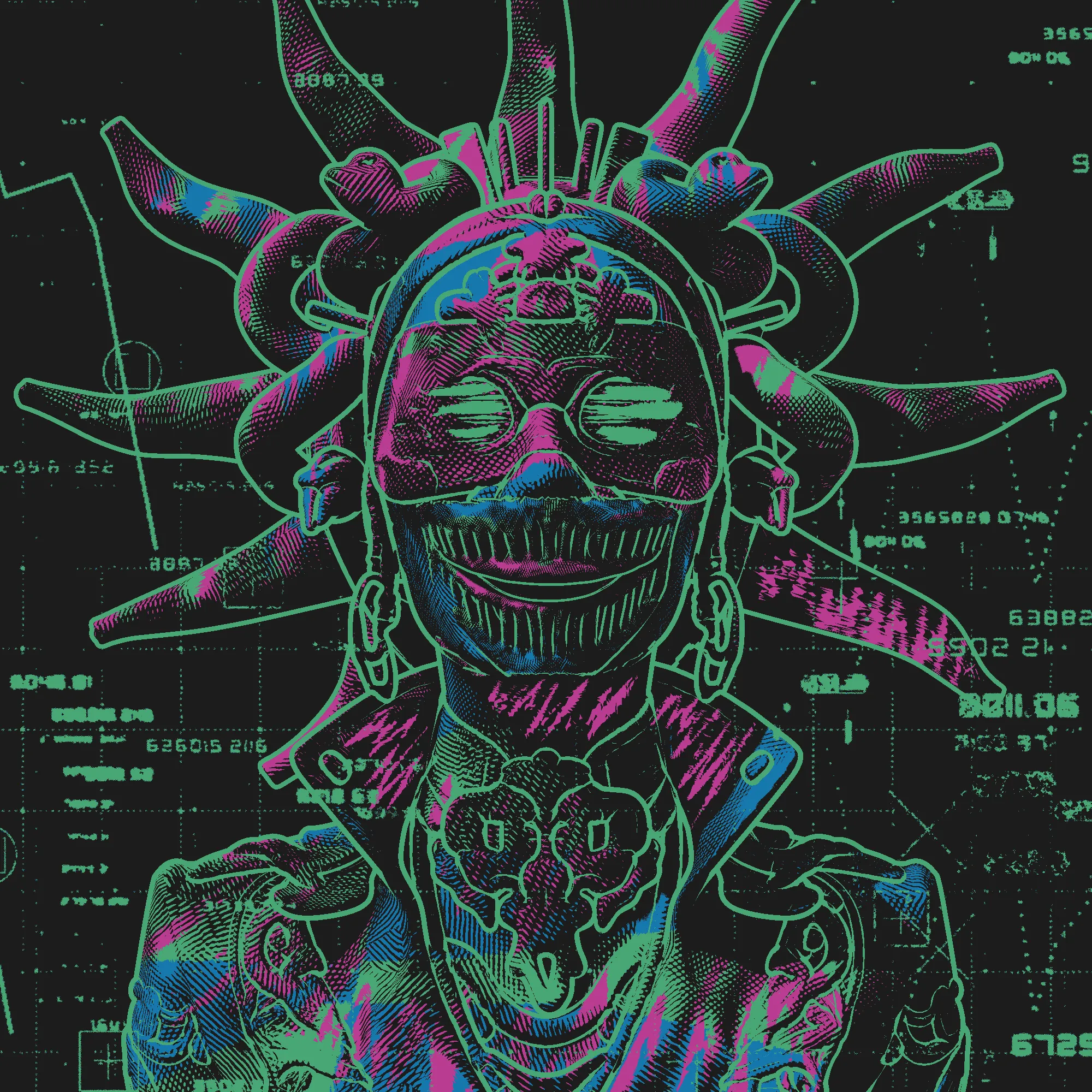 Cloaked in neon shadows and serpentine radiance, The Voices embodies both chaos and clarity. Their hollow eyes and skeletal grin mask a truth that is both alluring and terrifying, an oracle speaking not with one tongue but many, each whisper threading through the unseen. Crowned with writhing coils and adorned in sigils of transformation, this entity is the keeper of secrets buried deep within the circuitry of the soul. To draw The Voices is to confront the inner chorus of doubt, desire, and revelation, where silence is shattered and hidden paths emerge through the noise.