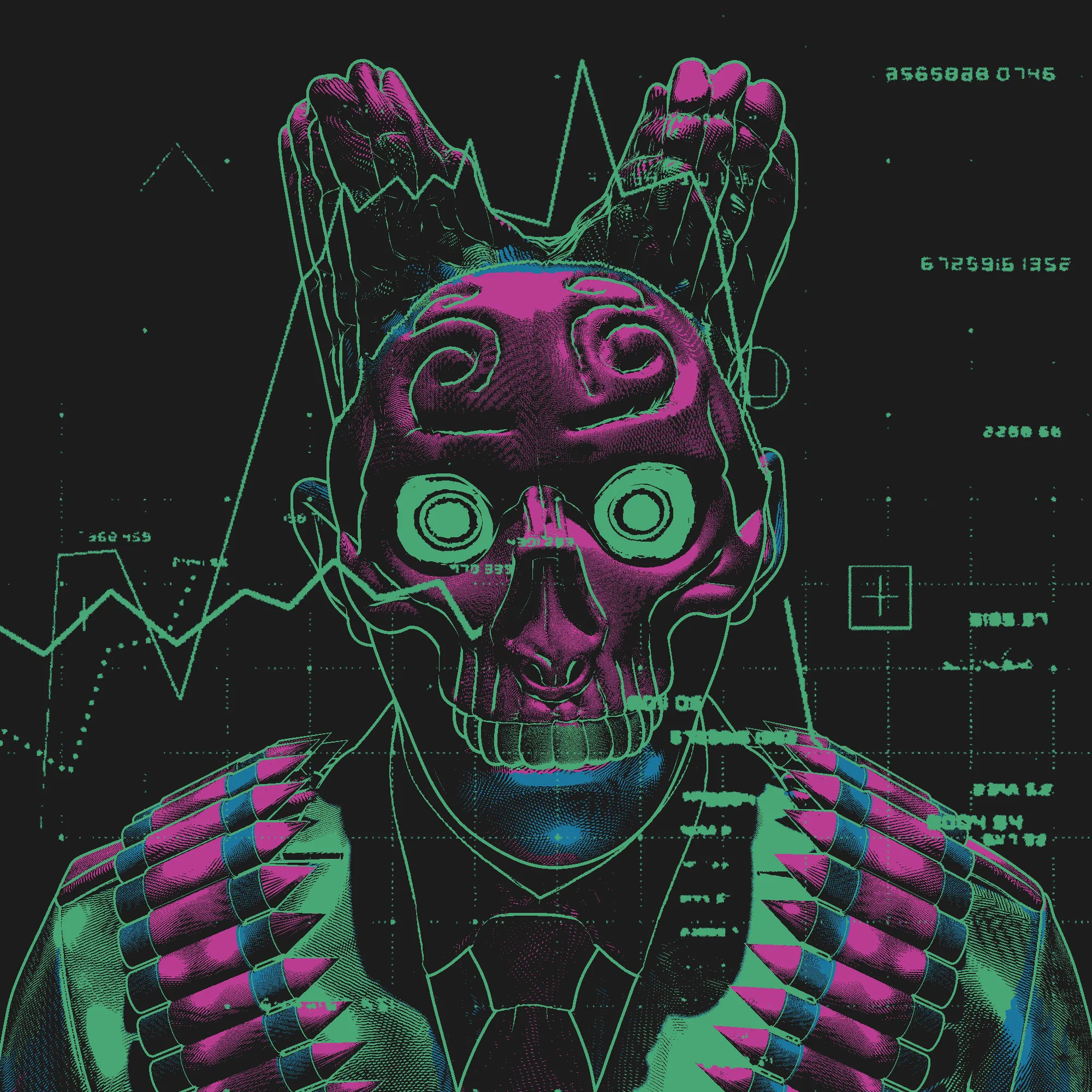 Eyes like hollow coins gleam with unblinking resolve, a skull of polished metal carved with swirling echoes of forgotten fire, crowned by the ghost of hands clasped in silent command. The body wears both the attire of civility and the burden of violence, bullets draped like rosary beads across a suit stitched for order yet soaked in unrest. This figure stands between war and worship, mask and truth, its presence a riddle that binds destruction to discipline. In the draw it calls to confront the glitter of power and the cost it demands, asking if one can bear the weight of steel without surrendering the soul.
