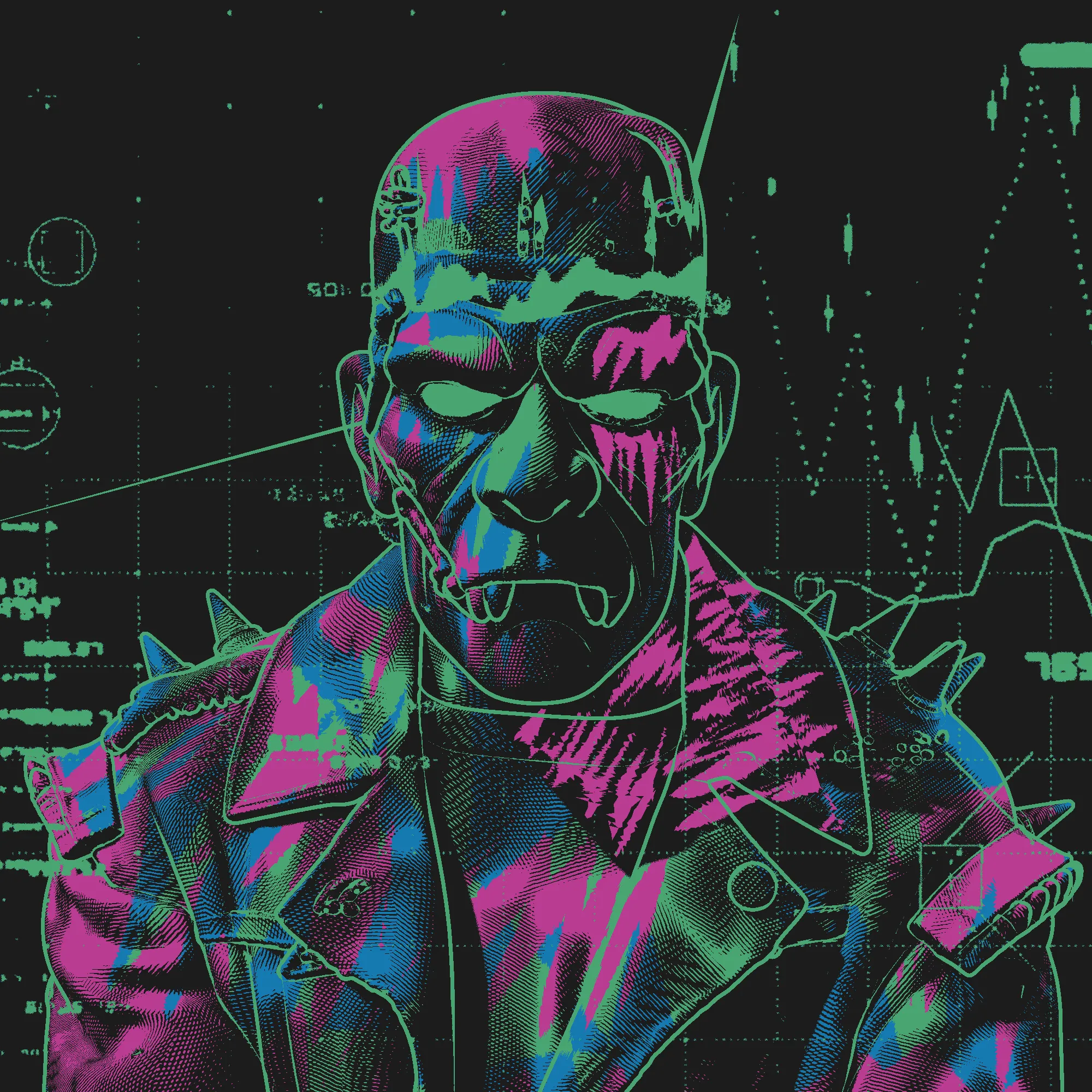 Brute strength and raw defiance, a figure carved from shadows and steel who wears his scars as armor and his silence as a weapon. Draped in a spiked leather jacket and bearing a face hardened by conflict, he represents resilience, loyalty, and the unshakable will to endure in the face of oppression. His presence is a reminder that power does not always come from elegance or wisdom but from sheer persistence, the willingness to take every blow and keep standing as an unmovable force against chaos.