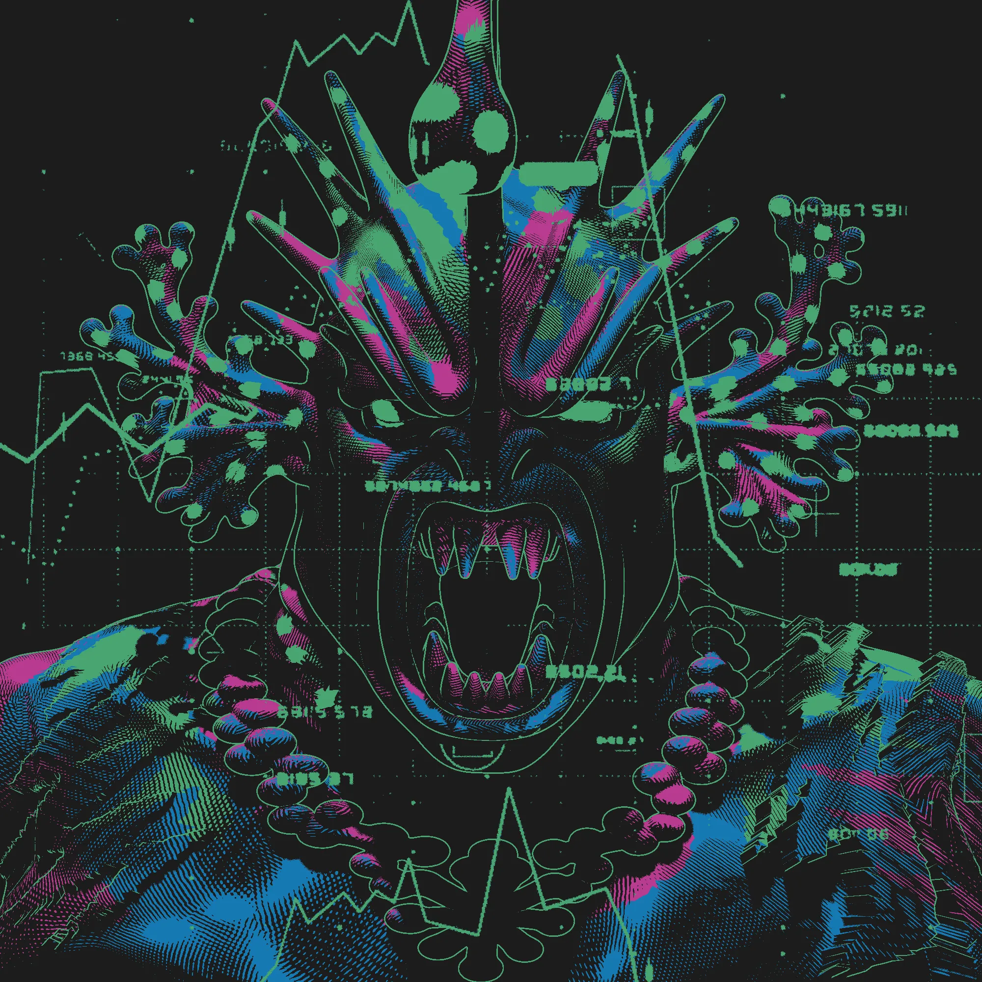 Chaos and hidden knowledge, a crowned beast whose maw opens in a scream that is both fury and prophecy. Its body pulses with spectral colors that blur between realms, while strange coral-like antlers and jagged spines erupt from its form, signaling its dominion over the uncharted depths of the mind. Around its neck hangs a chain of heavy beads, binding it to cycles of fate, yet the creature itself bends the order of things with violent unpredictability. In a spread, The Midnight speaks of transformation through upheaval, confronting buried fears, and finding strength in the darkest hour when chaos cracks open the truth.