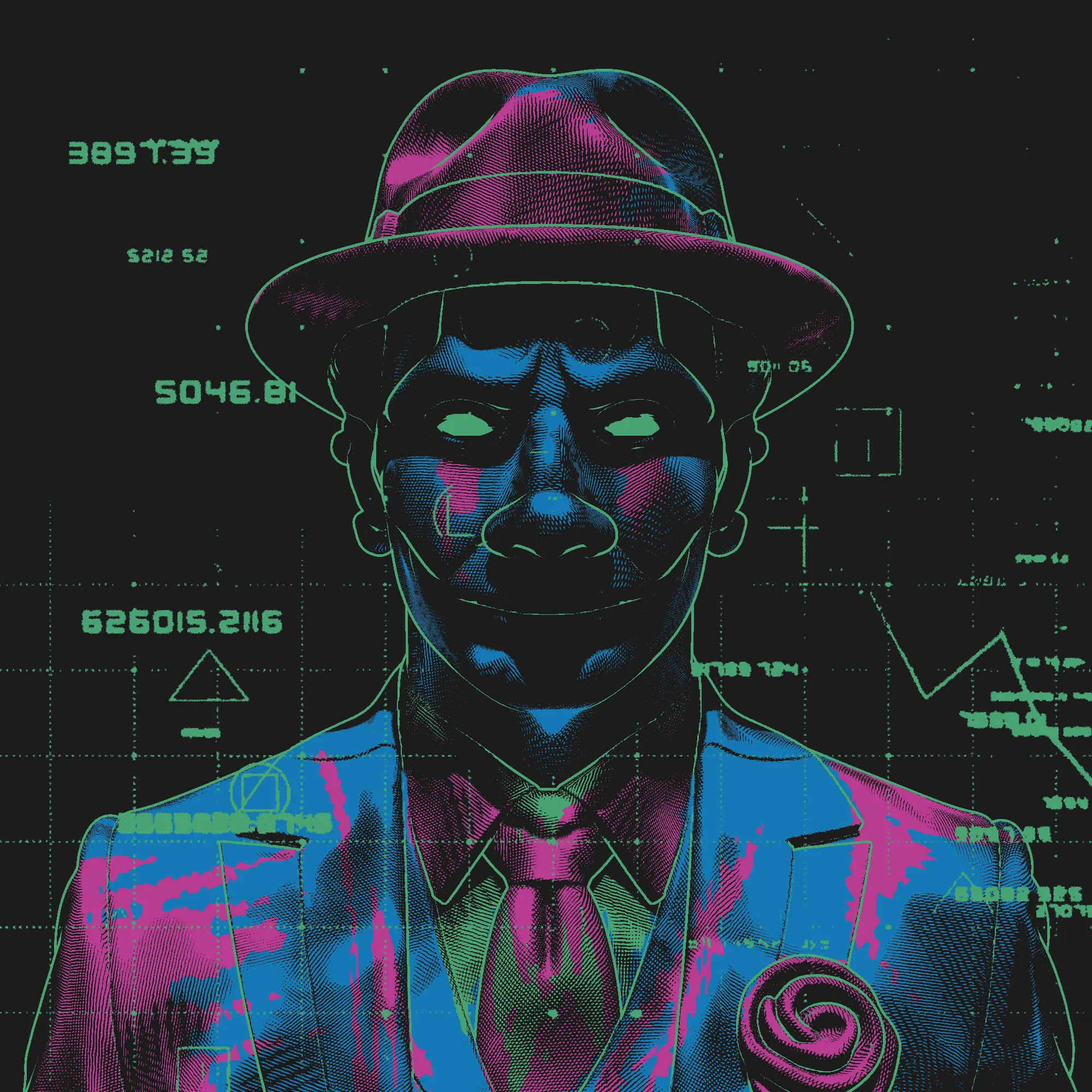 A smile carved from shadow rests beneath a brimmed hat, eyes pale and unyielding like gates that never open, a rose of stone pinned to a suit stitched in silence. The figure stands tall in stillness, dressed in the elegance of order yet veiling the chill of watchful dominion, a sentinel whose calm conceals the weight of judgment. It is both protector and warden, the mask of civility draped over the steel of control, reminding that safety is never free and every promise of peace carries its cost. In the draw it speaks of boundaries, vigilance, and the quiet power of authority that tests the balance between trust and fear.
