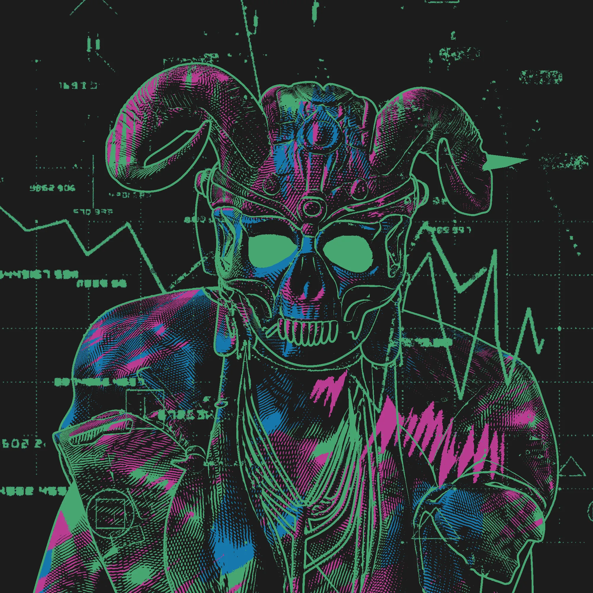 Authority wrapped in enigma, adorned with a horned mask that fuses the visage of death with the regality of a leader, glowing eyes piercing through shadows of uncertainty. Clad in ceremonial adornments, this archetype embodies power born from chaos and the ability to command amidst instability, its presence echoing through patterns of rise and fall like the shifting graphs behind it. The Chief symbolizes dominance, strategy, and the burden of leadership, guiding others through turbulence with an iron will while hiding the human fragility beneath its spectral guise.