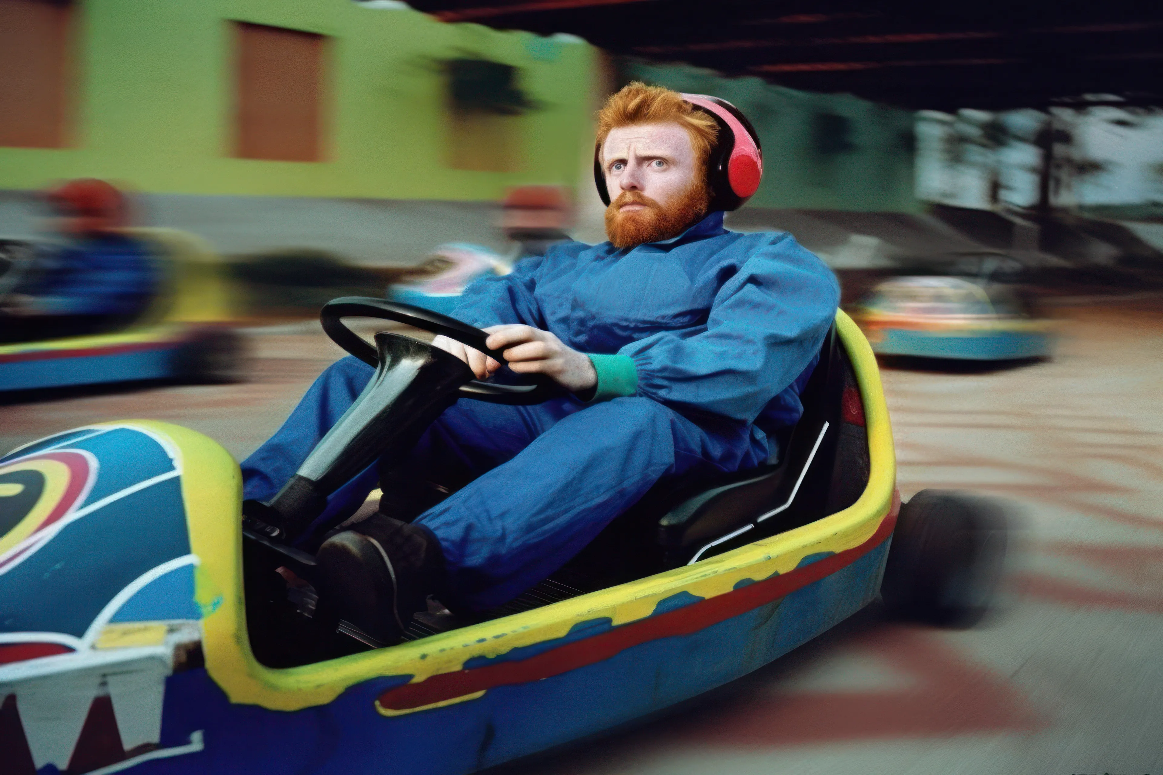 As Vincent strapped into his go-kart, he couldn't shake the feeling of melancholy that plagued him. He thought perhaps this race would bring the exhilaration and happiness he sought. The race began, and Vincent's go-kart surged forward, weaving through the winding track. He found himself marveling at the bright colors and flashing lights, momentarily entranced by the beauty of this strange world.

But as the laps progressed, Vincent realized that he was falling behind. His mind, so accustomed to contemplating the intricacies of his art, struggled to focus on the speed and precision necessary to win. The other racers zipped past him, their laughter and jeers echoing in his ears.

As the race concluded, Vincent's go-kart rolled to a stop, his once-hopeful heart now heavy with disappointment. The crushing weight of defeat clung to him, a familiar foe that had haunted him throughout his life. 