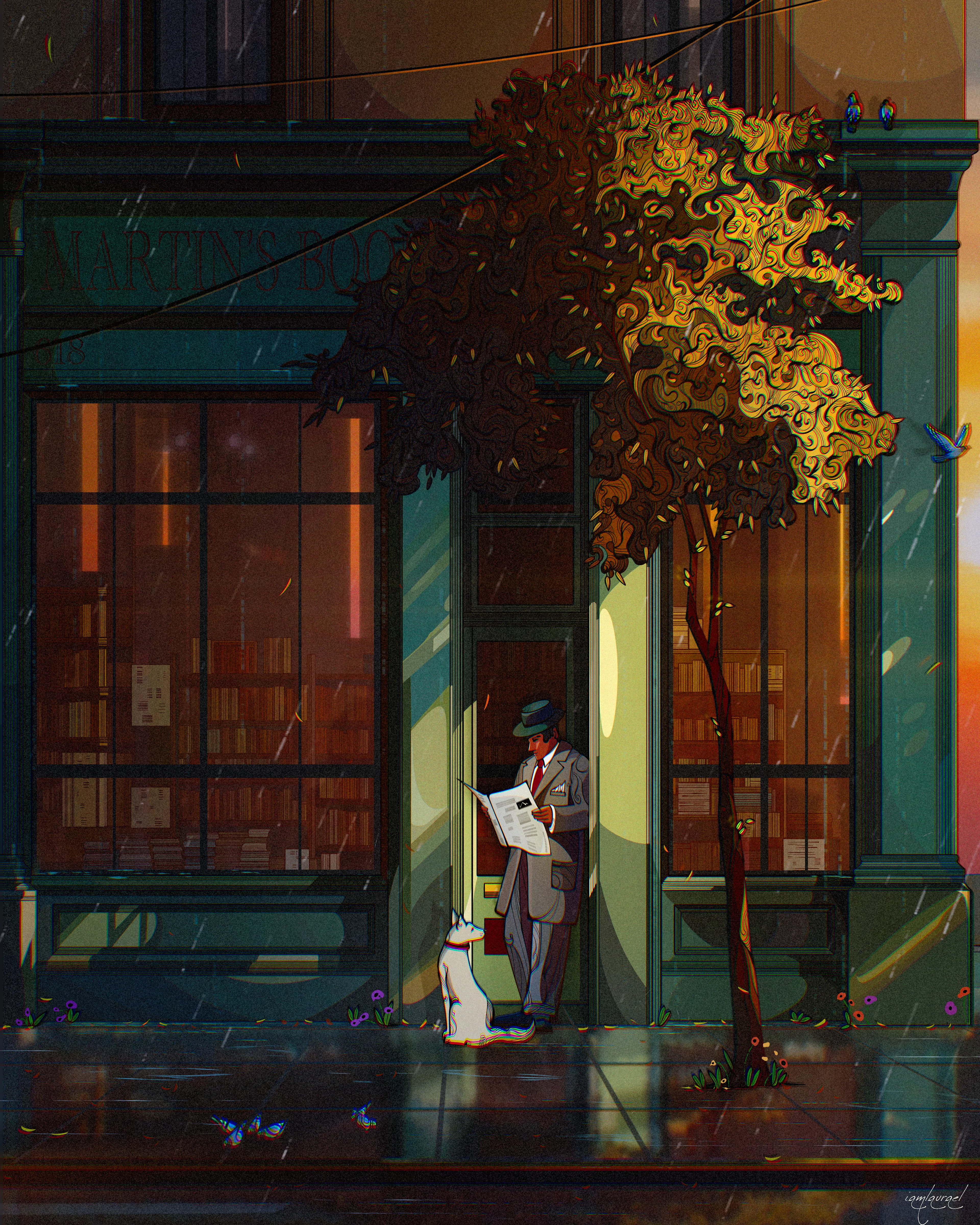 Through a cascade of raindrops, we see a man and his dog taking cover under the inviting threshold of a quaint bookstore. To the right, a sliver of sunlight breaks through the cloudy veil, casting its golden hue upon the earth—a reminder that storms are fleeting.
