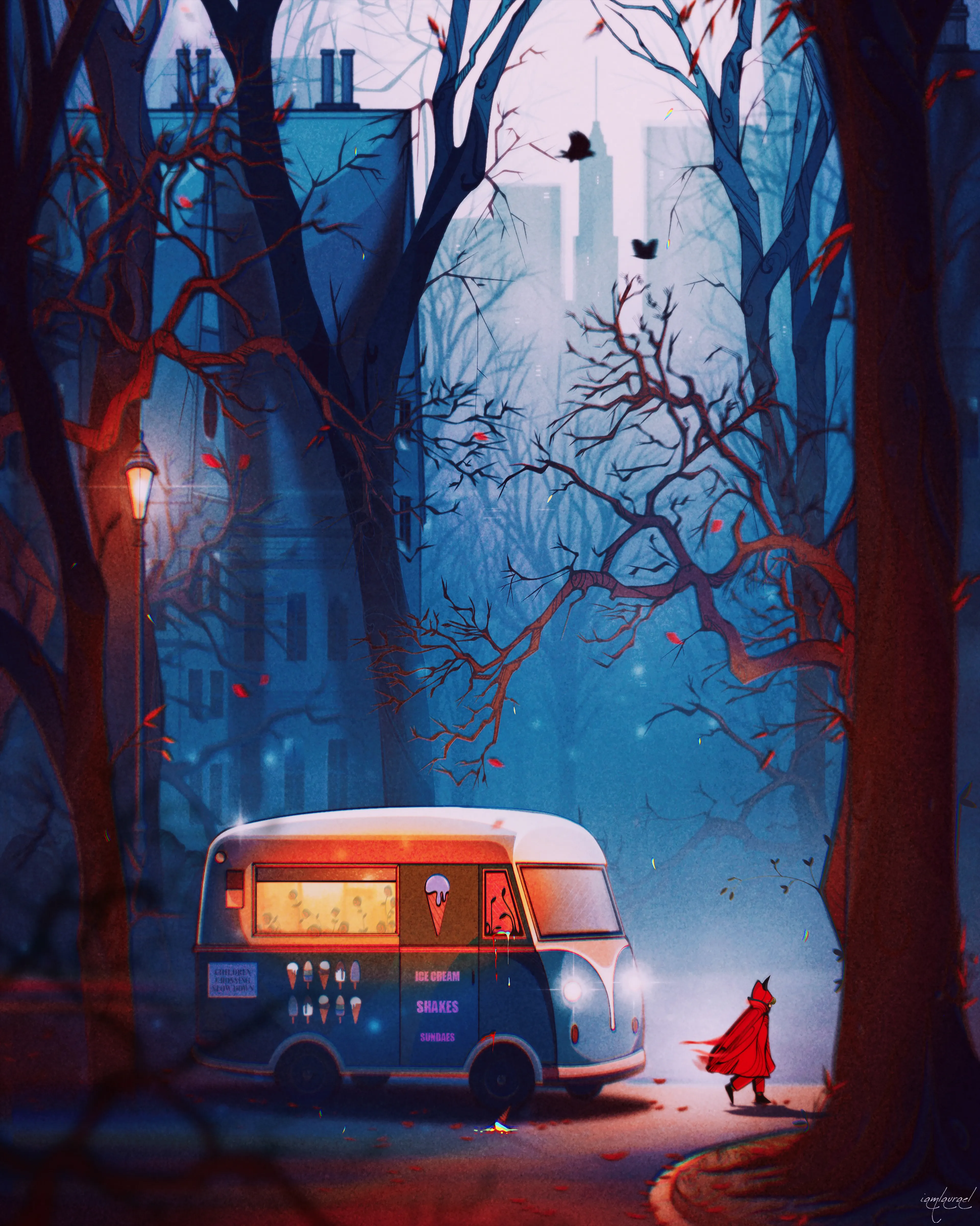 Ice cream trickles, a sweet cascade,  
Like moments slipping, memories fade.  
Tick-tock, the clock unwinds its tale,  
As droplets fall, a sugared trail.

A zephyr steals the laughter’s song,  
Leaving whispers, shadows long.  
Amid fractured dreams and towering trees,  
Echoes linger, carried on the breeze.

A past of dusk, a tale untold,  
Brushed with hues, both vibrant and bold.  
Giggles of youth, a distant bell,  
Drowned in the cadence of life’s farewell.

A touch too hasty, time’s fleeting flight,  
Yet dreams still dance in the fading light.  
Seeking beauty amidst fate’s decree,  
Embracing change, setting spirits free.

A scarlet hood, courage imbued,  
Through meadows where nostalgia’s pursued.  
Melting ice cream, transient delight,  
Time’s embrace savored, day turns to night.