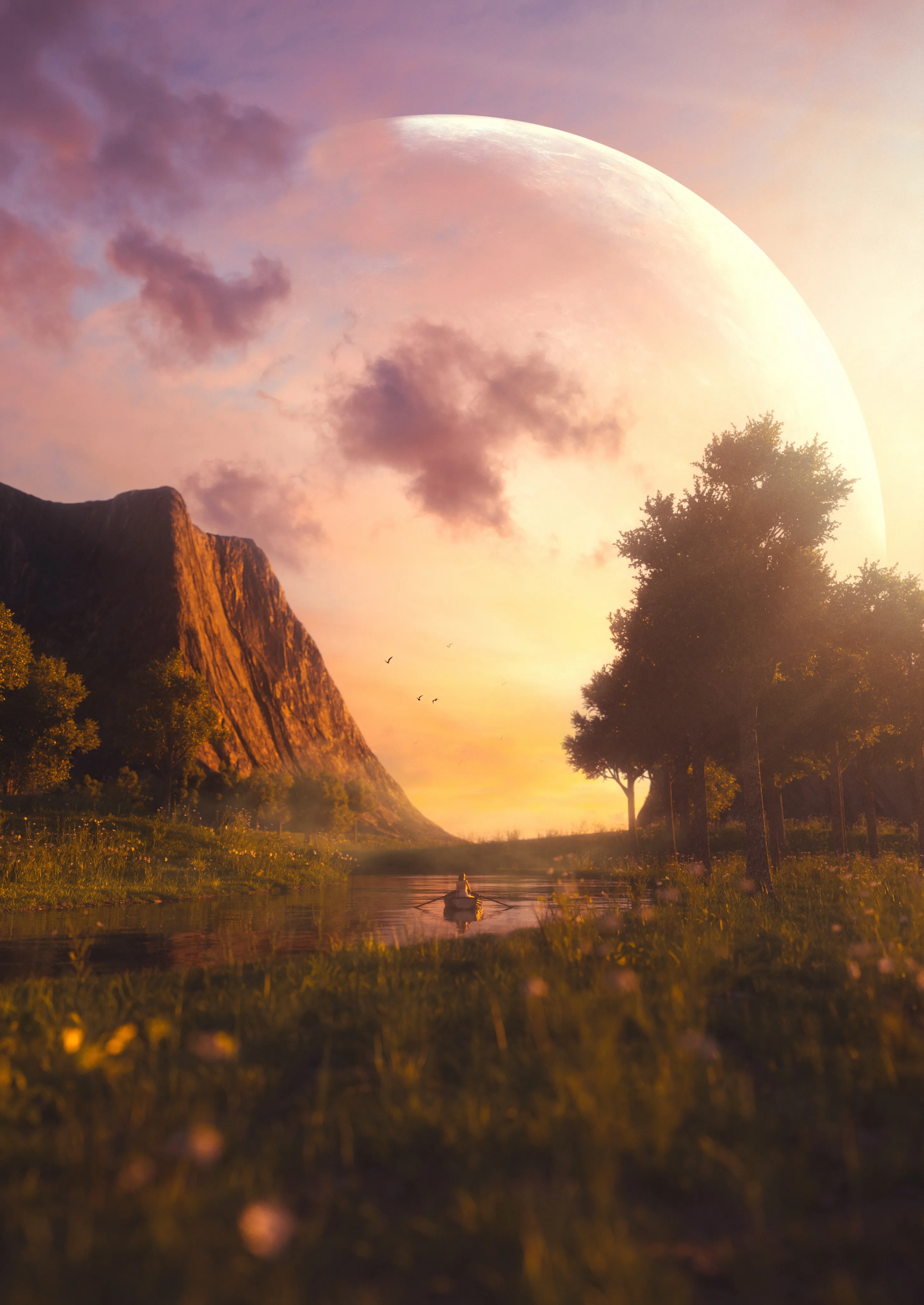 LANDSCAPES OF SERENITY//  
A collection of three breathtaking digital landscape artworks that evoke a sense of serenity and tranquility. Each piece will showcase a unique natural setting, inviting viewers to immerse themselves in the beauty of the world around us. Through the harmonious blending of colors, textures, and composition, this artwork drop will transport viewers to serene landscapes and evoke a deep appreciation for the wonders of nature.

HOPEFUL JOURNEY//  
The story of Landscapes of Serenity culminates with this digital artwork. With warm yellow, orange, and light pink tones of a sunset, it symbolizes hope, optimism, and the beginning of an adventurous voyage. The girl in her rowboat, accompanied by majestic mountains and a giant planet, represents your courage to embark on a new and exciting quest.