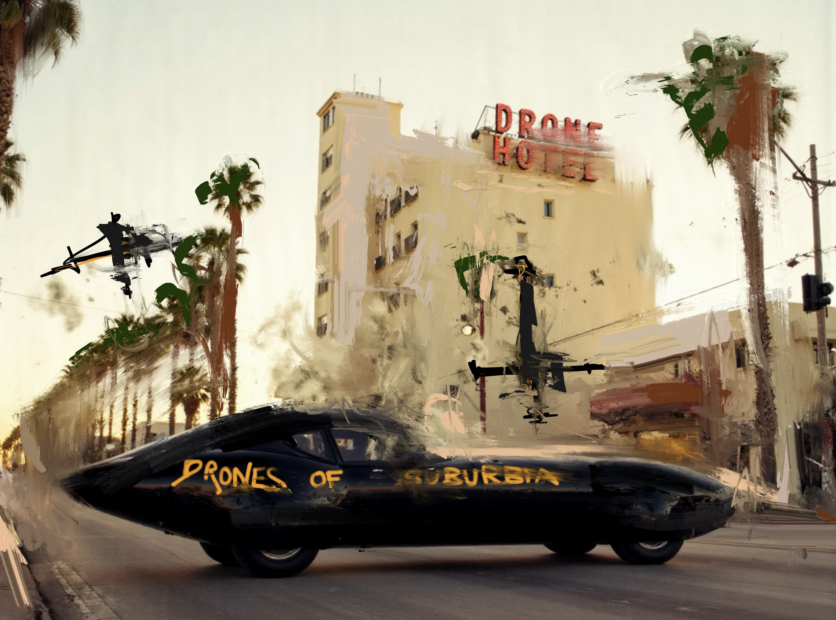 A low-slung black car glides through LA like it’s skimming the edge of another reality — sleek, feral, built for escape. Drones of Suburbia is scrawled across its body in a hand that looks half-human, half-signal interference.

Above it, drones drift in the warm dusk air like watchful spirits, reading every sunburnt palm tree, every cracked Hollywood boulevard. The Drone Hotel looms in the background — faded glamour, neon bruised by heat — the kind of place where stories dissolve into static before anyone can write them down.

There’s a sense of movement without urgency, rebellion without noise. A quiet understanding that this is how suburbia really travels now: not on foot, not by highway, but through machines that glide, scan, remember.

A car built like a rumour.
A city shimmering with surveillance.
And the drones that follow you home.
