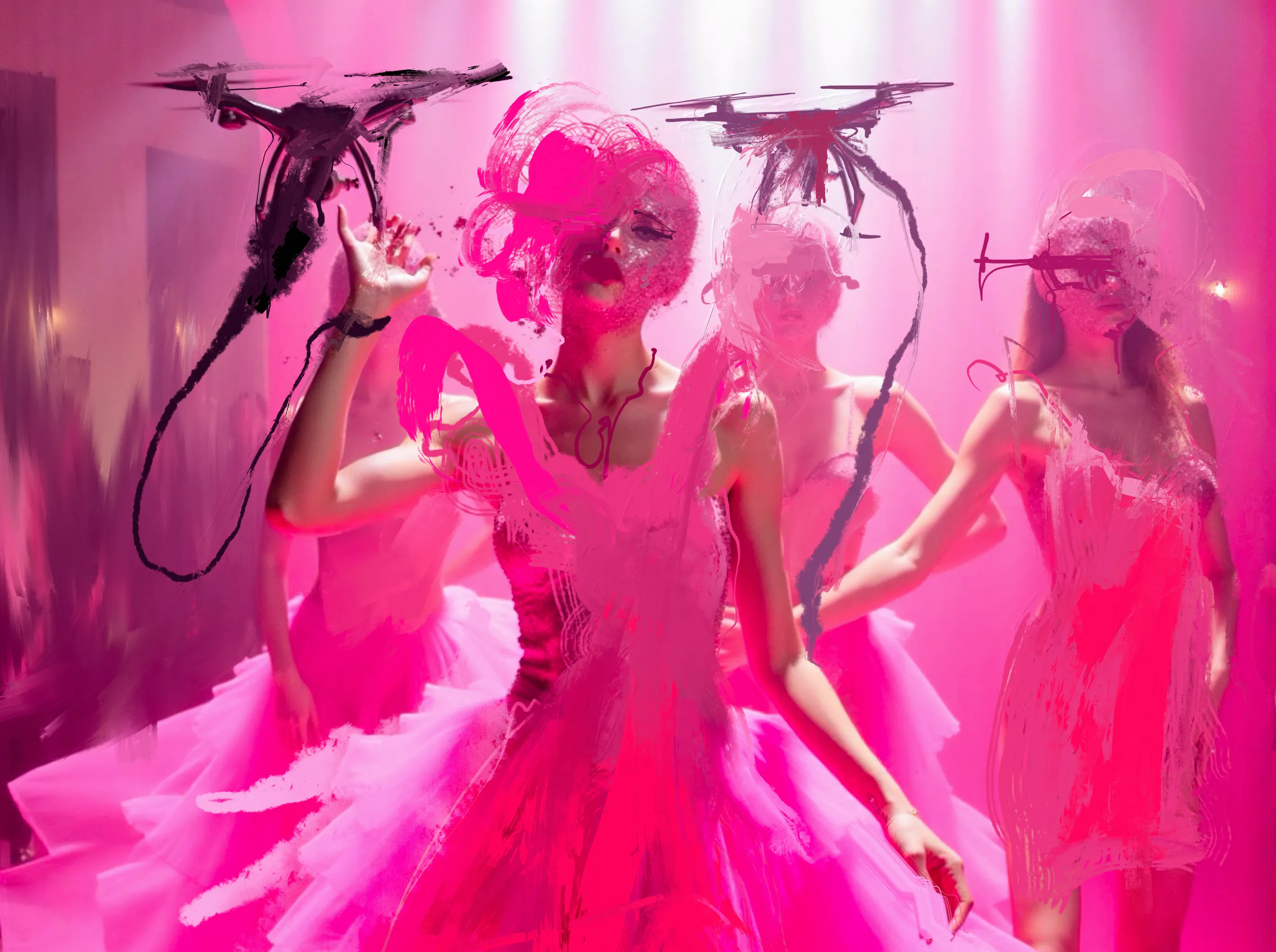 In Pretty Things That Fly, surveillance is no longer covert. It is decorative.

Women stand in couture pink, arranged with the discipline of dancers trained to hold still under pressure. Above them, drones hover like accessories, sketched rather than engineered, crude in contrast to the refinement below. The imbalance is deliberate. Technology does not need elegance when power is assumed.

Faces are partially erased by paint, not to anonymise but to interrupt recognition. Identity becomes optional. Beauty remains mandatory. This is Hollywood logic perfected: visibility without agency, performance without narrative.

The women do not perform fear. They perform fluency. They know the camera. They know the system. They understand that the most effective response is not resistance, but calibration.

Within the Hollywood Drones world, this work captures a cultural shift: surveillance no longer watches from above. It floats within the scene, absorbed into the aesthetic until it becomes indistinguishable from glamour itself.

This is not dystopia.

This is rehearsal.