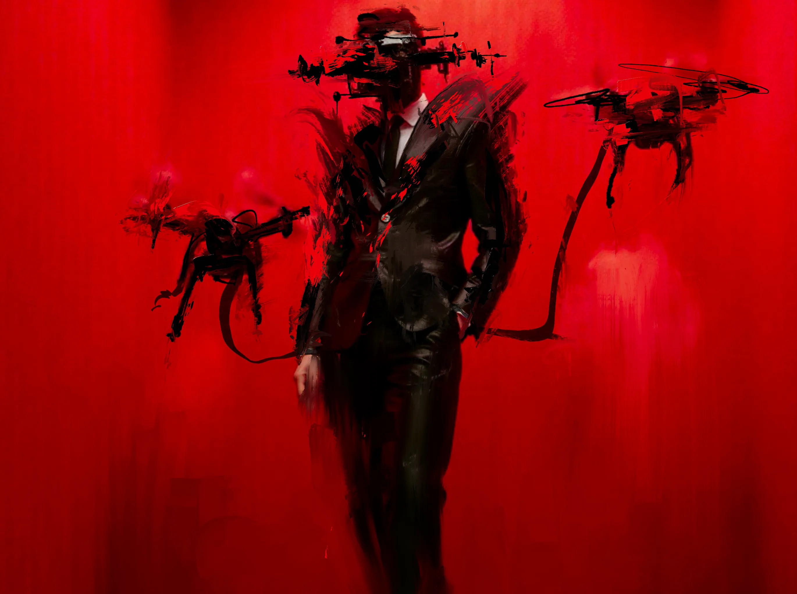 He stands in a lacquered red world, composed, immaculate, almost untouched by the chaos orbiting him. The drones hover like polished shadows — quiet, precise, loyal to his pulse.

There’s a calm to him, a kind of controlled glamour, as if the machines aren’t accessories but an extension of his intuition. Hollywood lights meet something colder, more deliberate. He doesn’t command attention; it gathers around him naturally, like static.

His face is half-blurred by their presence, as though the line between director, subject, and machinery has thinned to nothing. A man who moves through the world with technology tuned to his frequency — elegant, unsettling, effortlessly in charge.