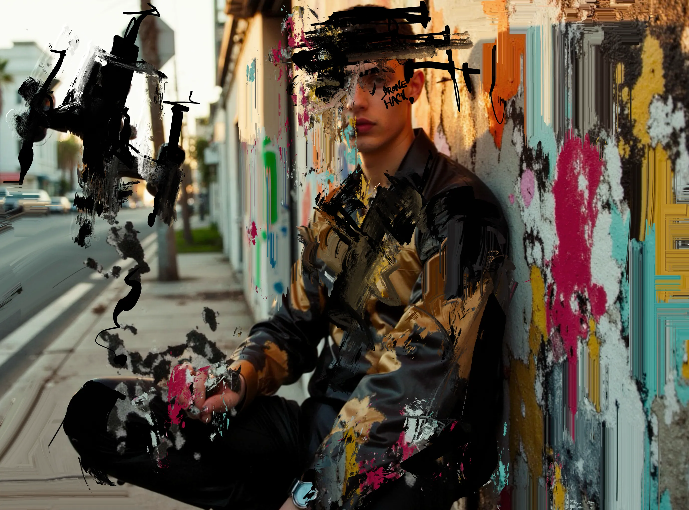 He sits against a sun-bleached LA wall, half in shadow, half in signal. The graffiti behind him looks like it’s trying to remember its own colours, and the drones circling above catch every flicker of his pulse.

His face is partly swallowed in glitch-paint, like he’s mid-transmission — a boy becoming bandwidth. There’s a quiet steadiness to him, a kind of streetwise ease, as if hacking a drone is no different from rolling a cigarette.

He doesn’t look up when the machines hover. He already knows their language. Knows how to bend their vision, twist their routes, slip inside their circuitry like a whispered secret.

Not a rebel. Not a prodigy.
Just someone who hears the drones the way other people hear traffic —
and can make them listen back.