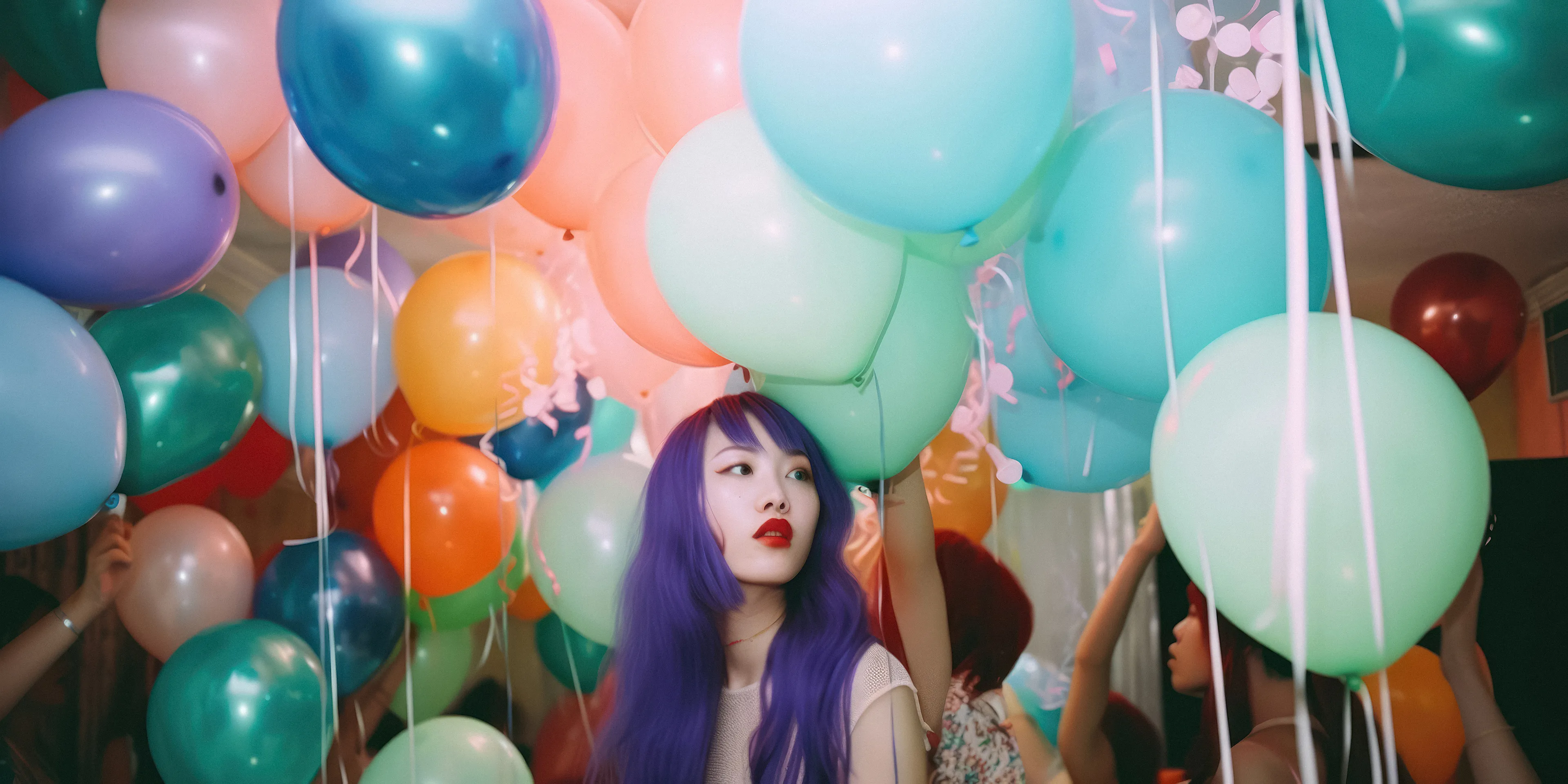 In the labyrinth of balloons, the weight of youth's complexities.