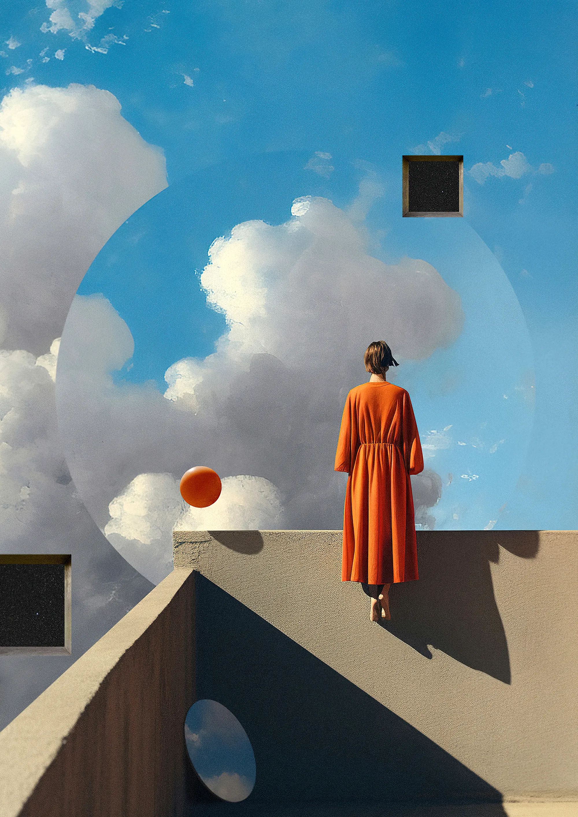 She knew many worlds and liked none.  
Fran Rodríguez aka lacabezaenlasnubes (spanish for "head in the clouds") is a digital artist based in Spain. He is famously known for his striking images depicting his interpretation of humanity’s place in the universe. Fran’s work is deeply inspired by his early fondness of surrealism and psychedelia. In his 20 year career, he has worked with bands such as Weezer, Tame Impala and Tycho creating visual elements for their concerts and albums and his work is exhibited and sold all over the world.