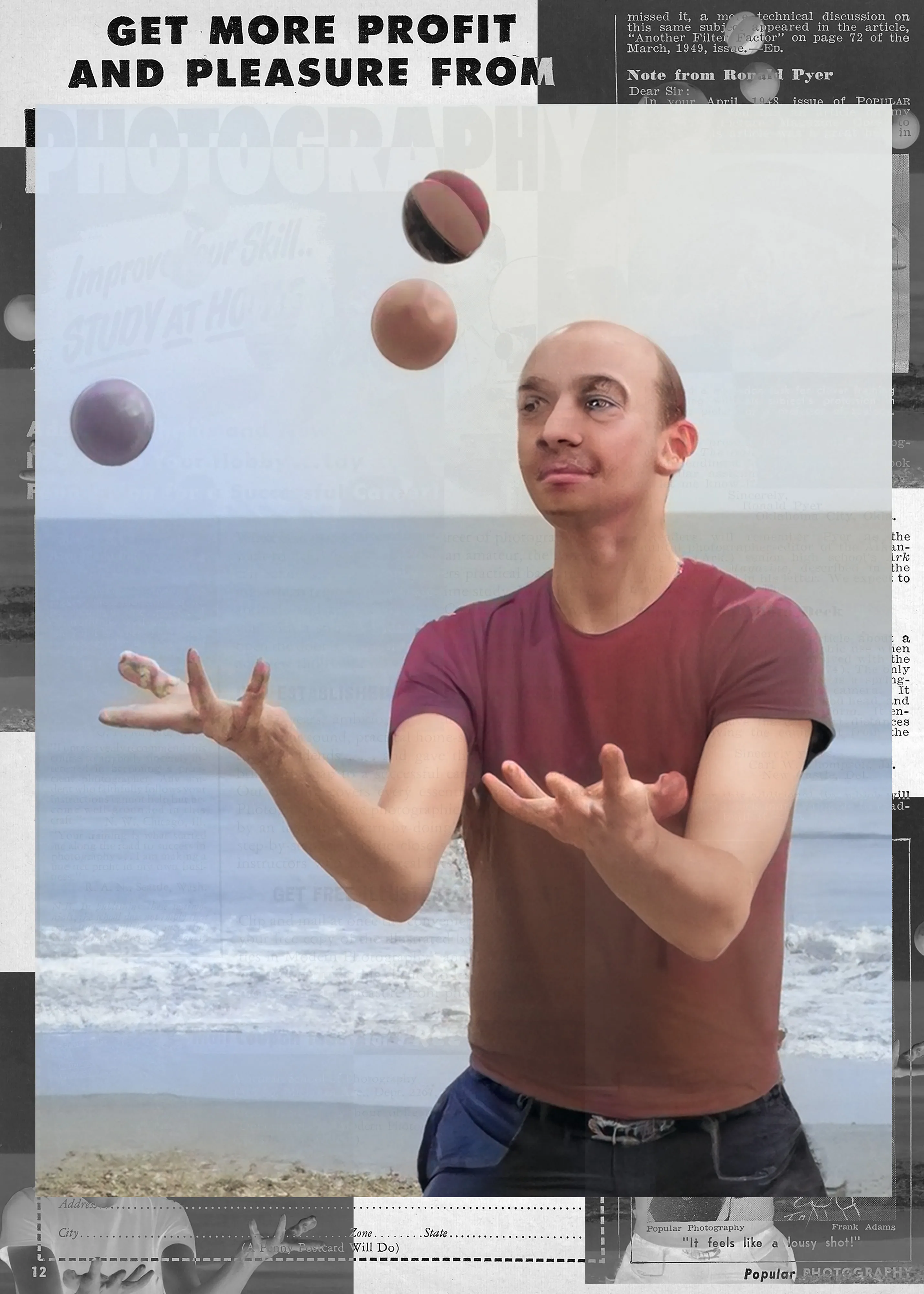 49/23 is digital collage series that blends AI-generated images over vintage photography magazine pages, building a conceptual bridge between the past and future of the medium while exploring the disruptions posed by AI toward photographic tradition.