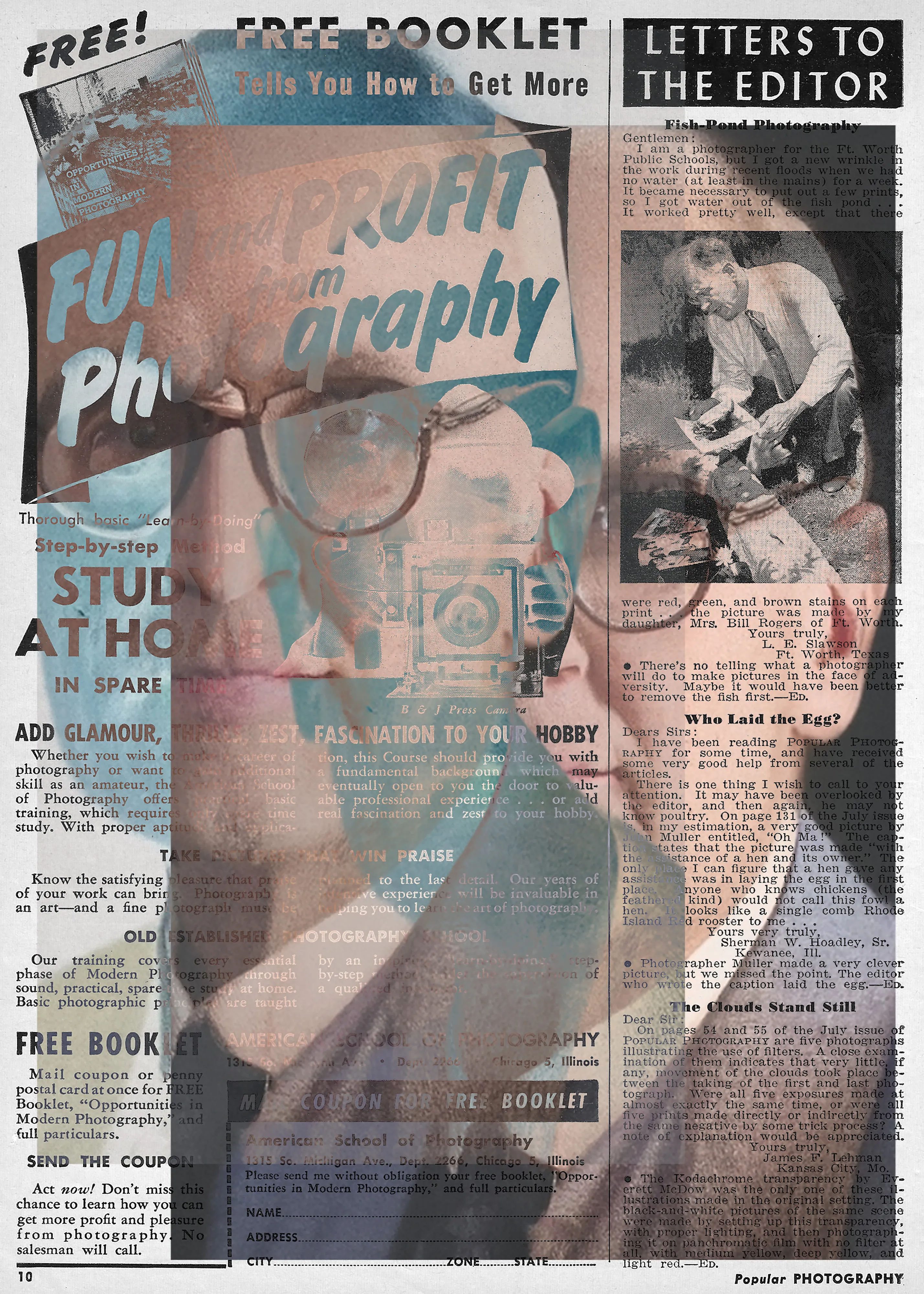 49/23 is digital collage series that blends AI-generated images over vintage photography magazine pages, building a conceptual bridge between the past and future of the medium while exploring the disruptions posed by AI toward photographic tradition.