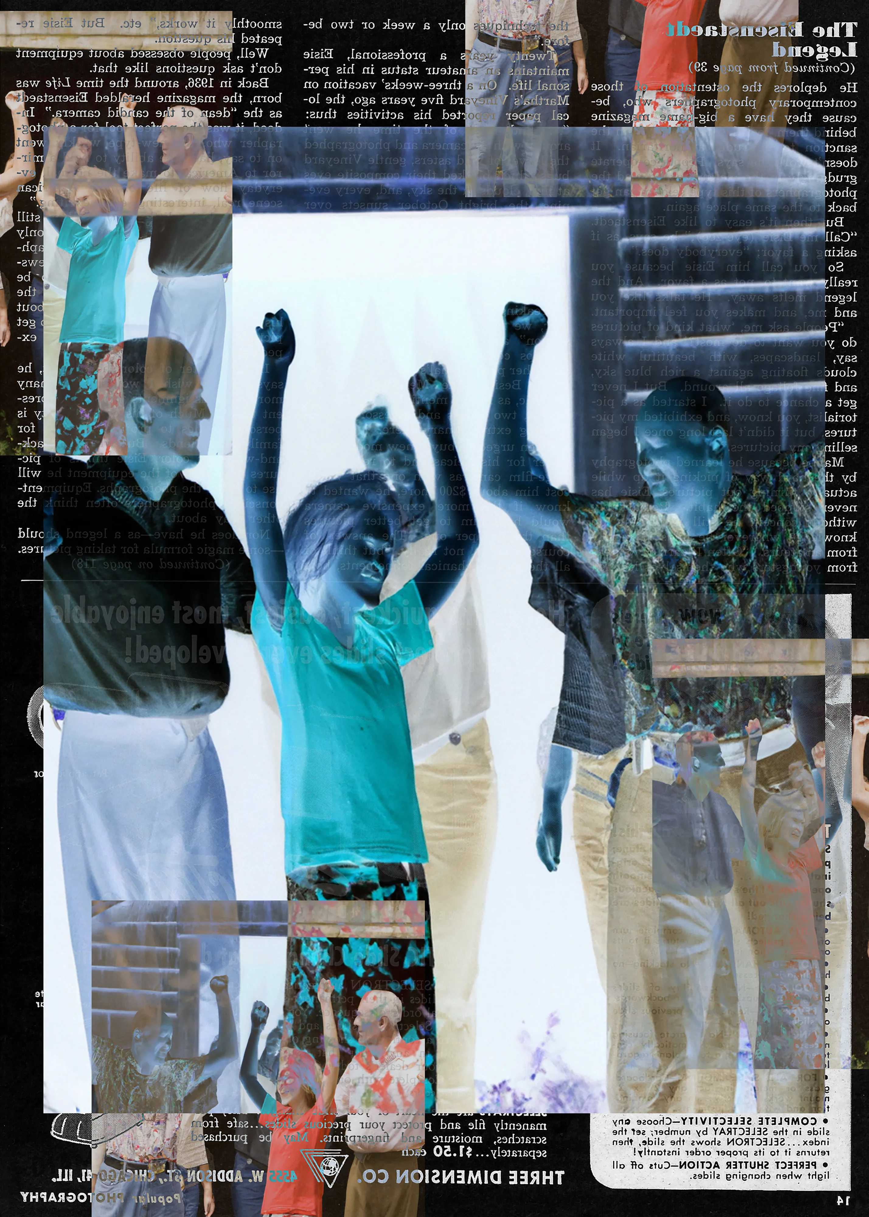 49/23 is digital collage series that blends AI-generated images over vintage photography magazine pages, building a conceptual bridge between the past and future of the medium while exploring the disruptions posed by AI toward photographic tradition.