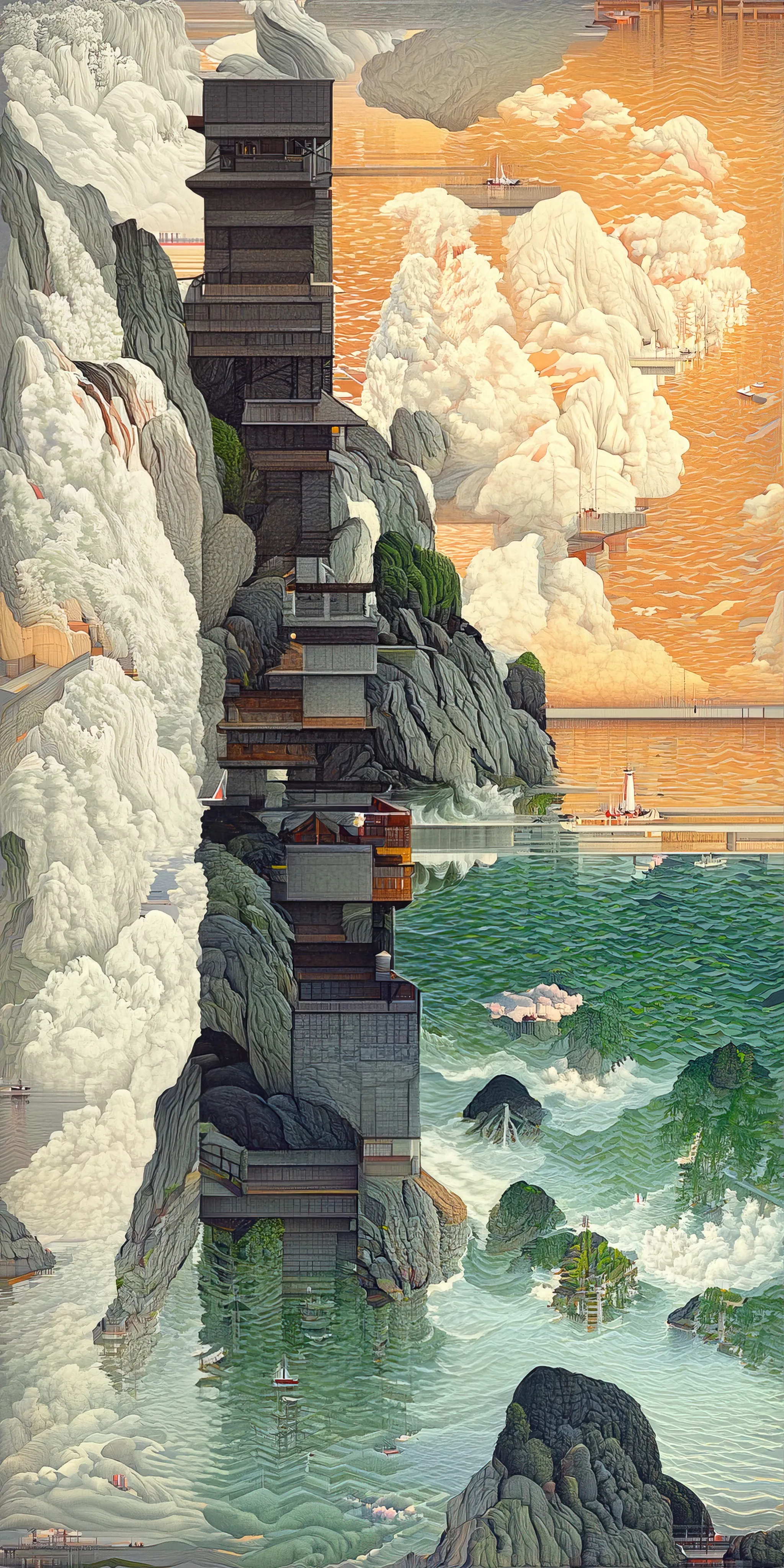 This collection of works is inspired by Hasui Kawase's woodblock prints and geometric abstraction.

Elegant landscapes deconvolve into a plethora of geometric elements. Pattern, line, and shape emerge while maintaining and conveying a nod to Hasui's original artwork.