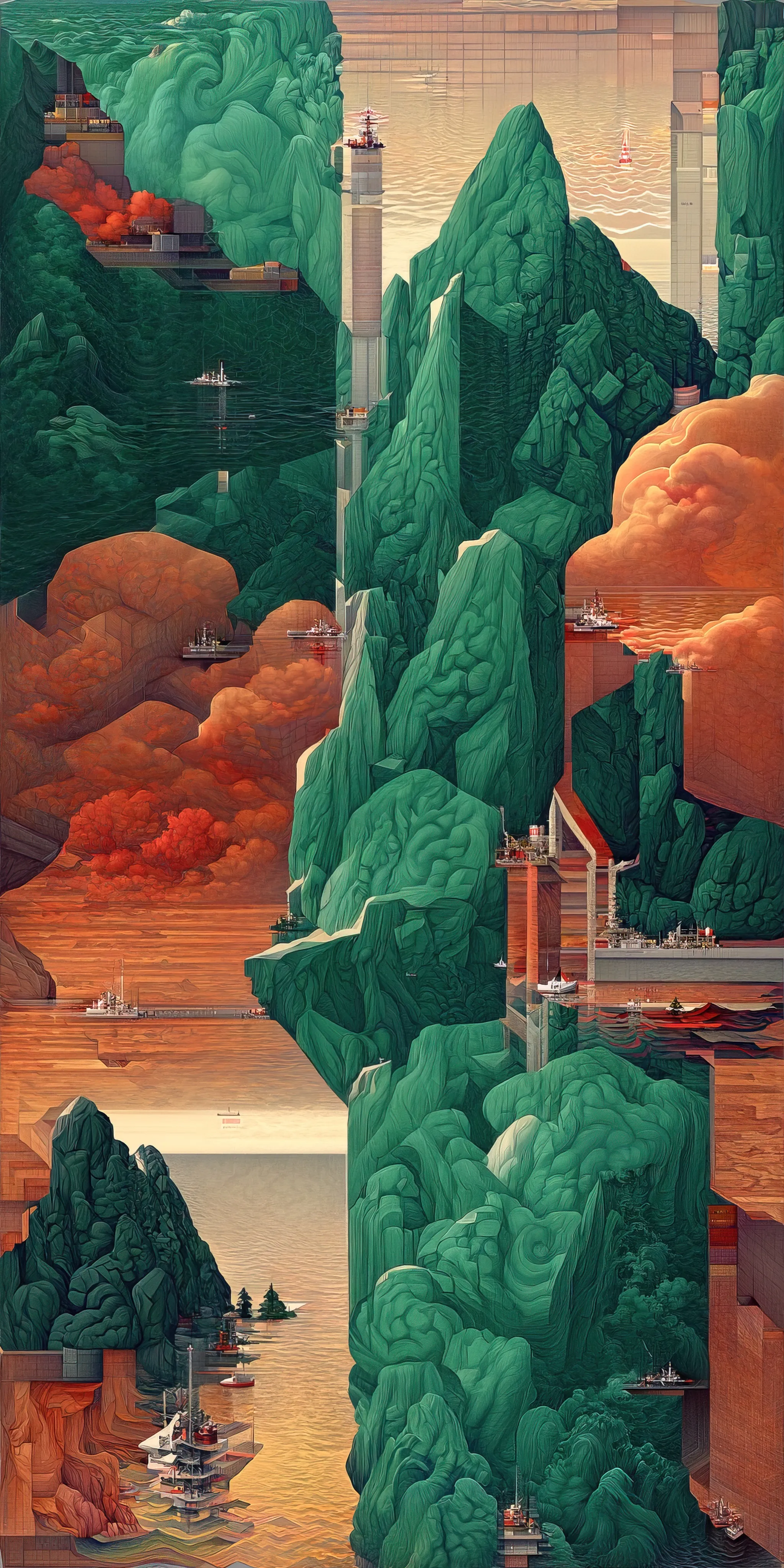 This collection of works is inspired by Hasui Kawase's woodblock prints and geometric abstraction.

Elegant landscapes deconvolve into a plethora of geometric elements. Pattern, line, and shape emerge while maintaining and conveying a nod to Hasui's original artwork.