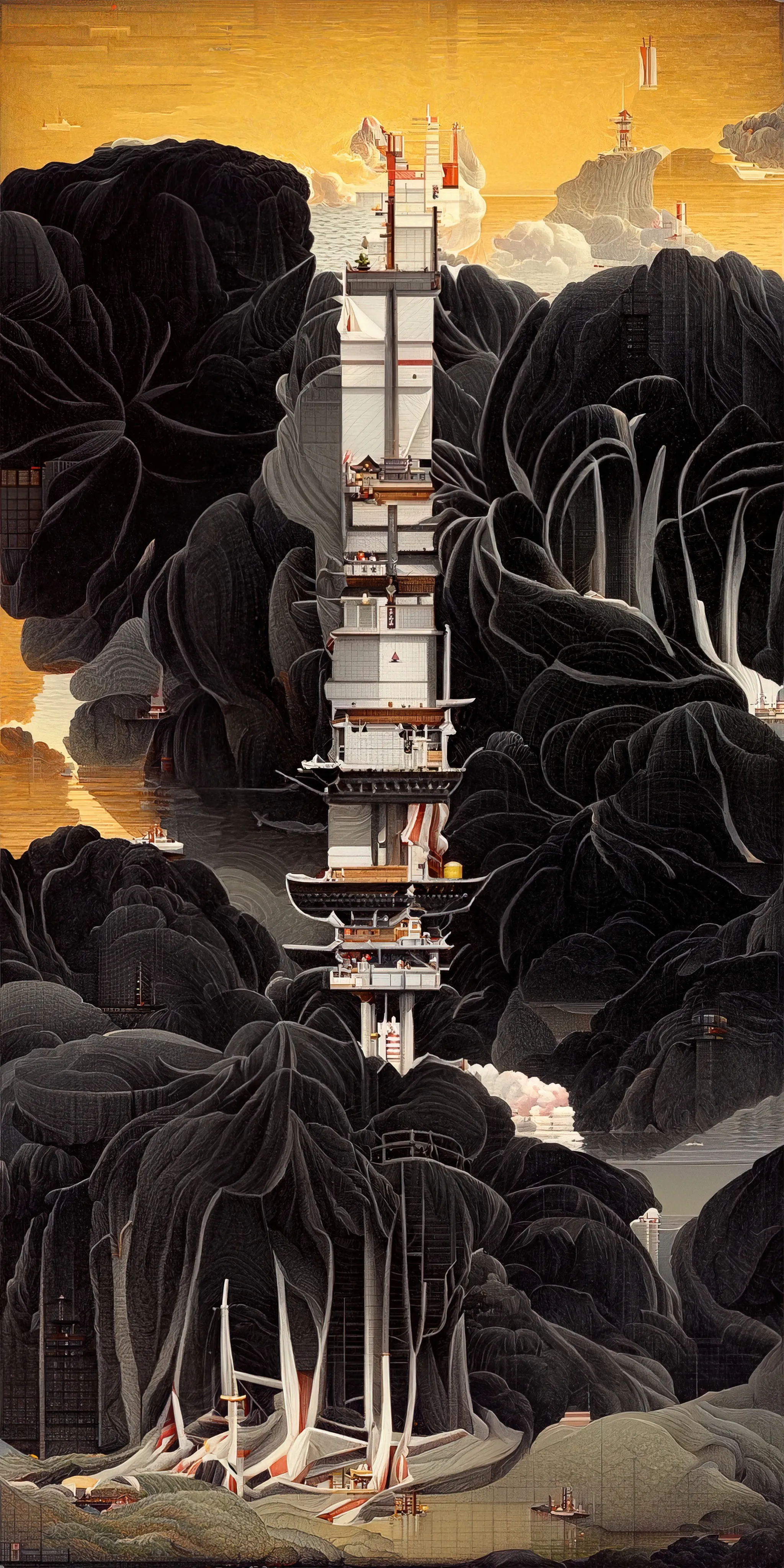 This collection of works is inspired by Hasui Kawase's woodblock prints and geometric abstraction.

Elegant landscapes deconvolve into a plethora of geometric elements. Pattern, line, and shape emerge while maintaining and conveying a nod to Hasui's original artwork.
