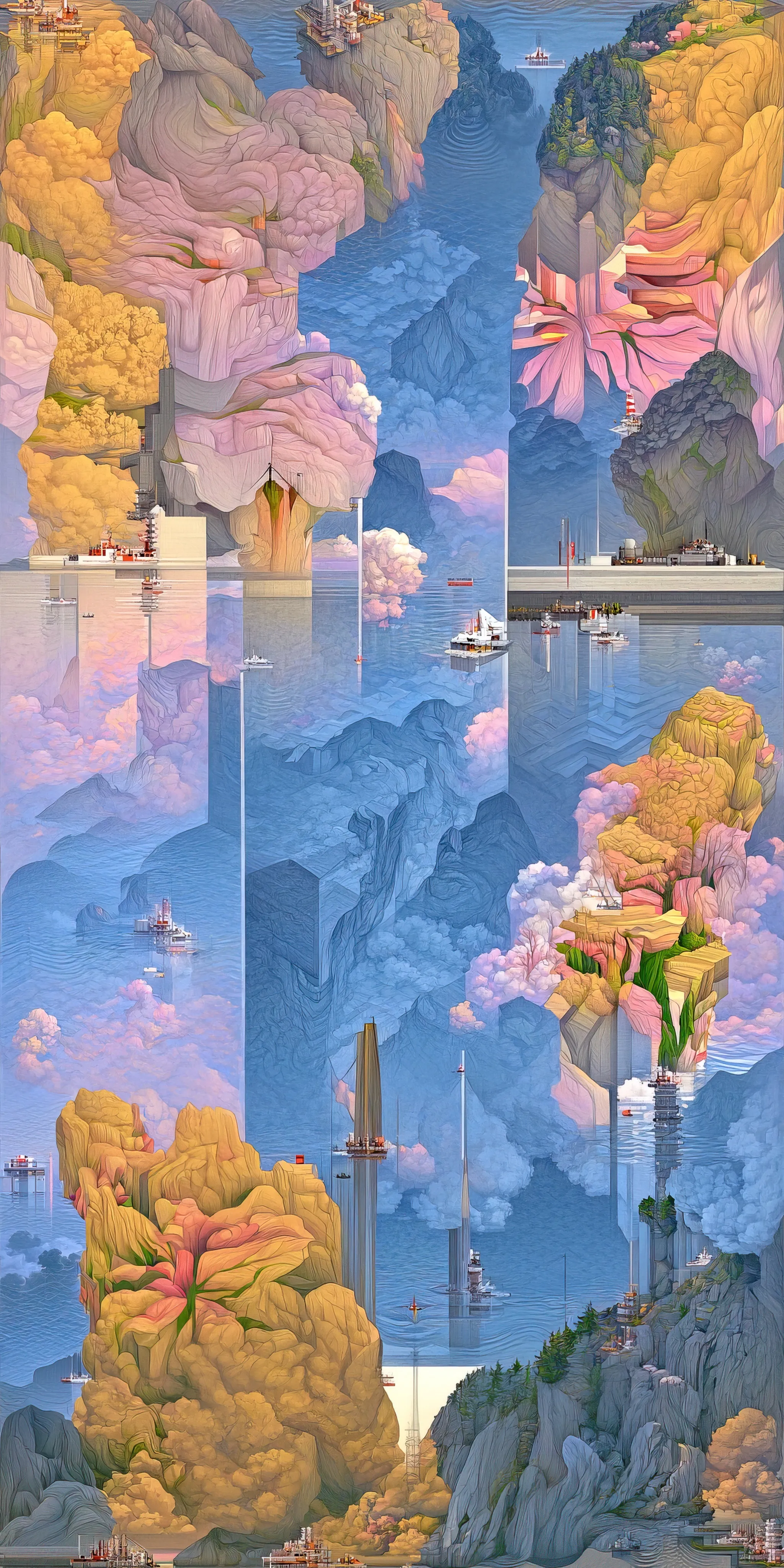 This collection of works is inspired by Hasui Kawase's woodblock prints and geometric abstraction.

Elegant landscapes deconvolve into a plethora of geometric elements. Pattern, line, and shape emerge while maintaining and conveying a nod to Hasui's original artwork.