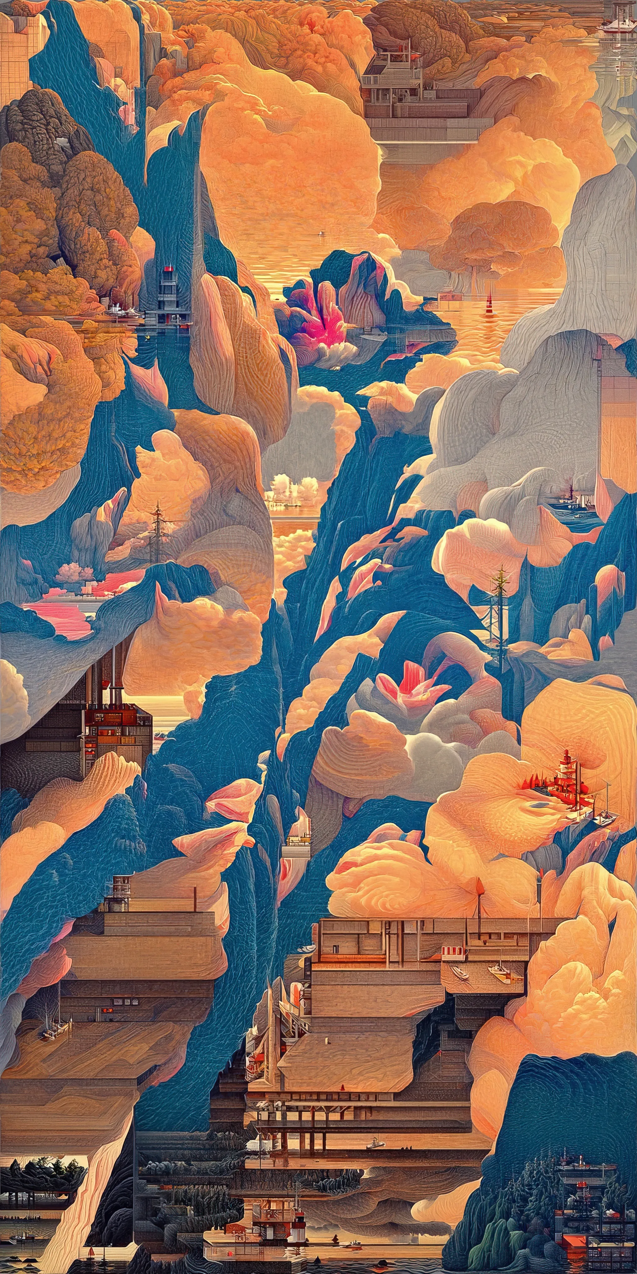 This collection of works is inspired by Hasui Kawase's woodblock prints and geometric abstraction.

Elegant landscapes deconvolve into a plethora of geometric elements. Pattern, line, and shape emerge while maintaining and conveying a nod to Hasui's original artwork.
