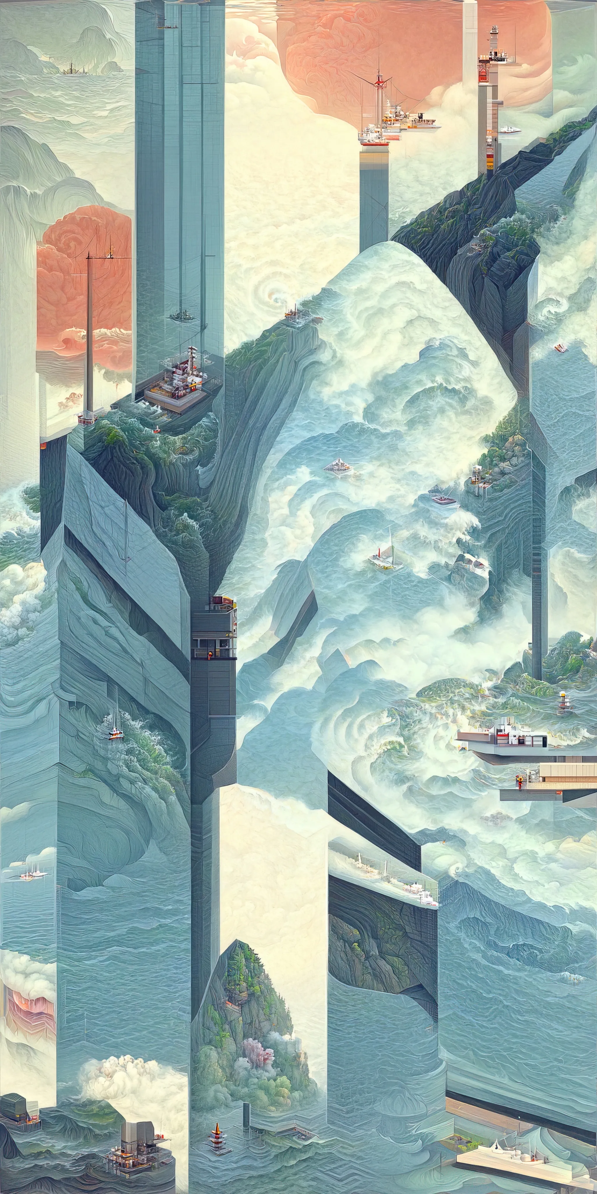 This collection of works is inspired by Hasui Kawase's woodblock prints and geometric abstraction.

Elegant landscapes deconvolve into a plethora of geometric elements. Pattern, line, and shape emerge while maintaining and conveying a nod to Hasui's original artwork.