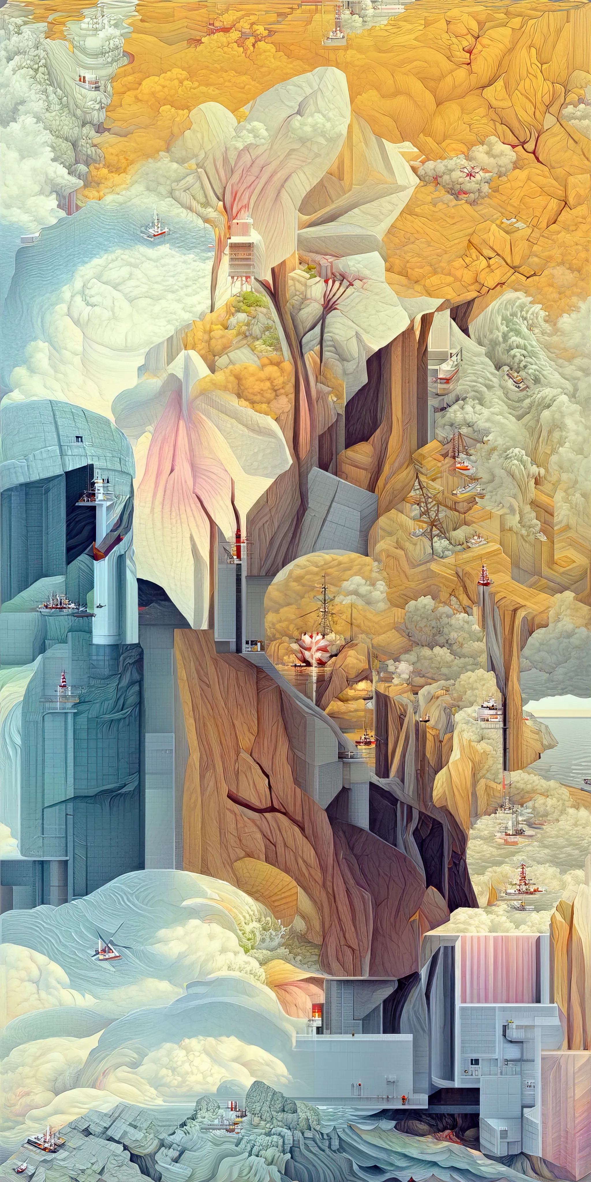 This collection of works is inspired by Hasui Kawase's woodblock prints and geometric abstraction.

Elegant landscapes deconvolve into a plethora of geometric elements. Pattern, line, and shape emerge while maintaining and conveying a nod to Hasui's original artwork.
