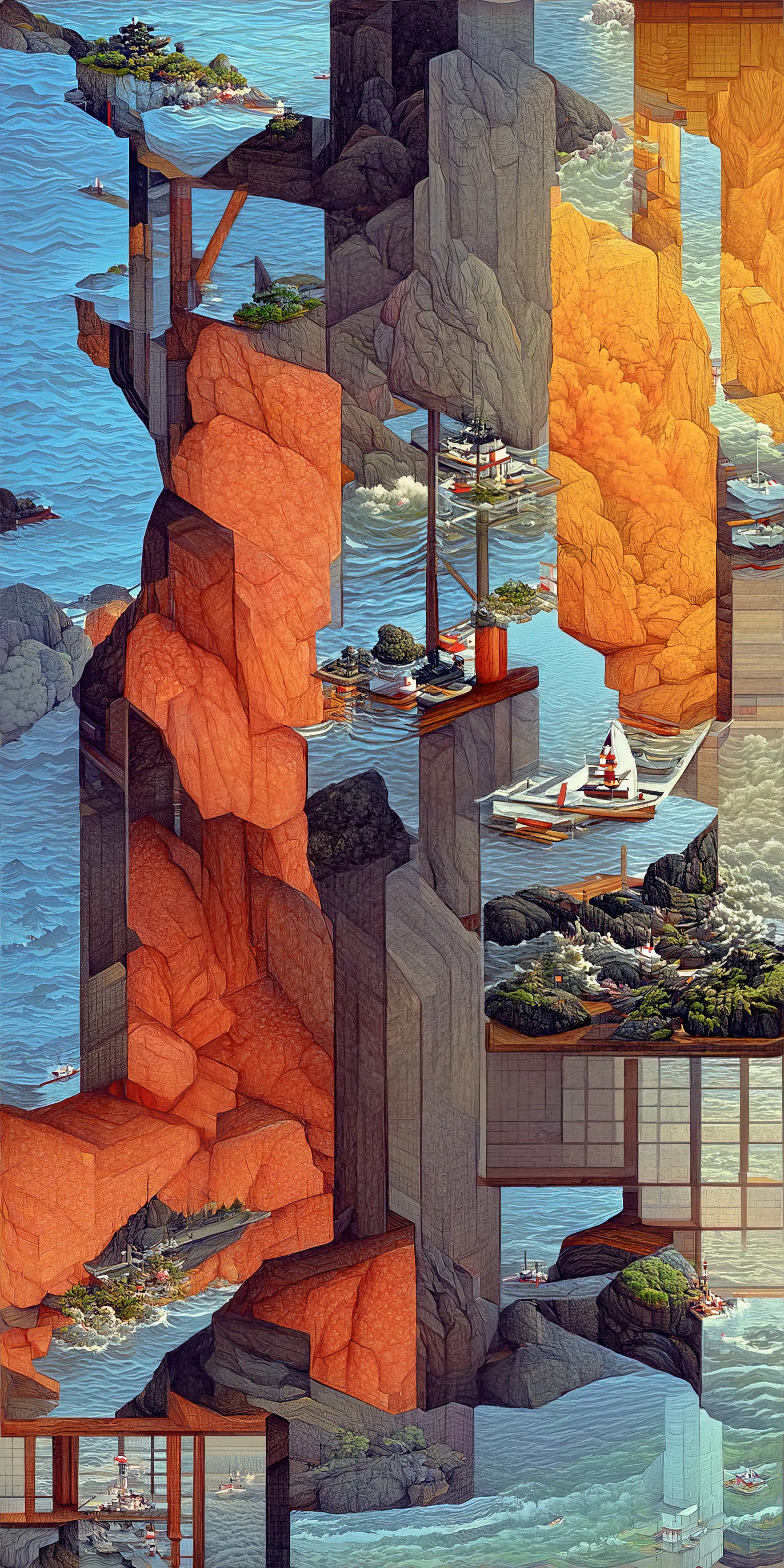 This collection of works is inspired by Hasui Kawase's woodblock prints and geometric abstraction.

Elegant landscapes deconvolve into a plethora of geometric elements. Pattern, line, and shape emerge while maintaining and conveying a nod to Hasui's original artwork.
