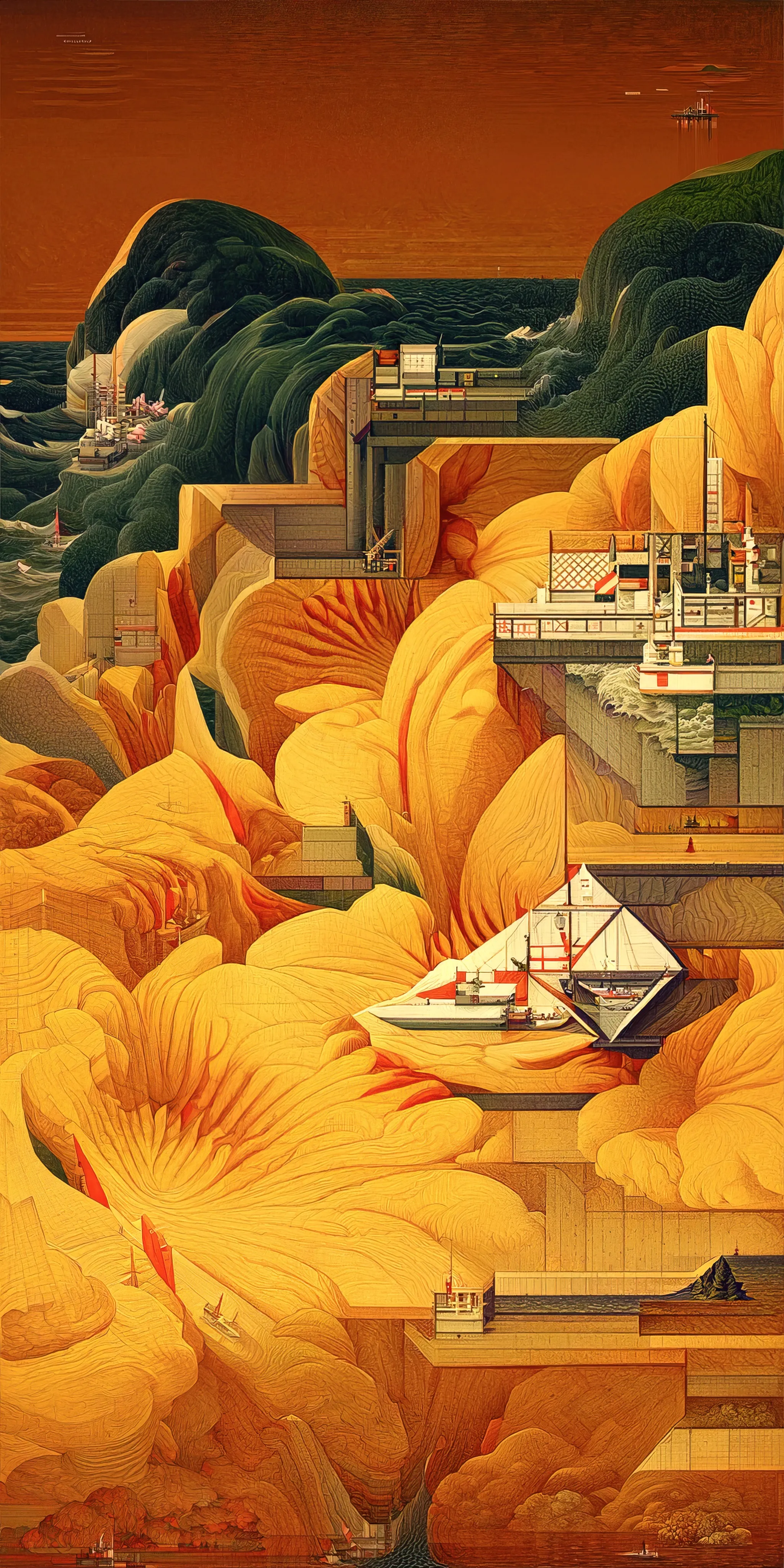 This collection of works is inspired by Hasui Kawase's woodblock prints and geometric abstraction.

Elegant landscapes deconvolve into a plethora of geometric elements. Pattern, line, and shape emerge while maintaining and conveying a nod to Hasui's original artwork.
